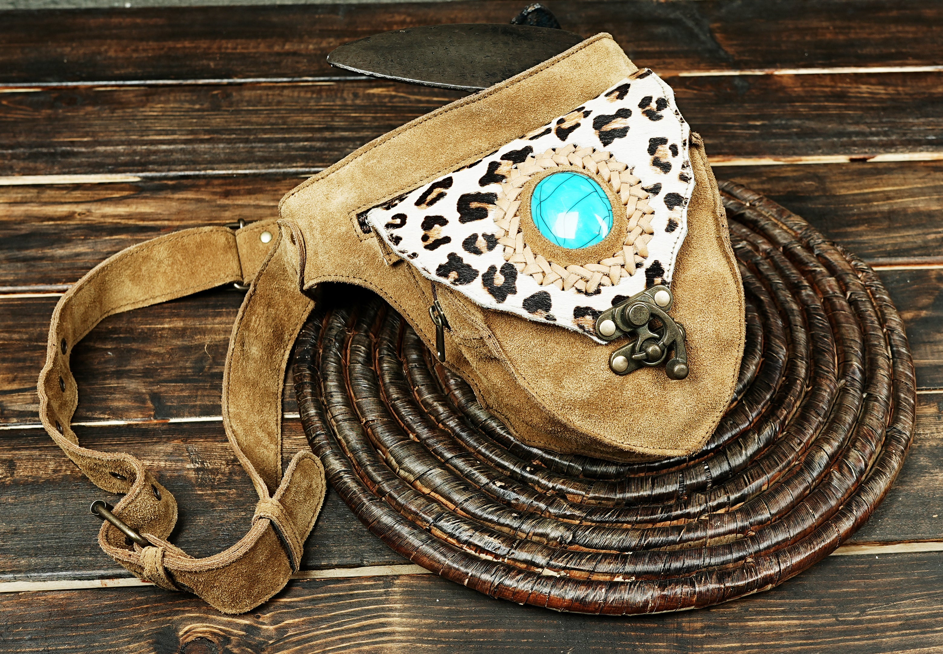 Handcrafted leather waist belt with animal print accent
