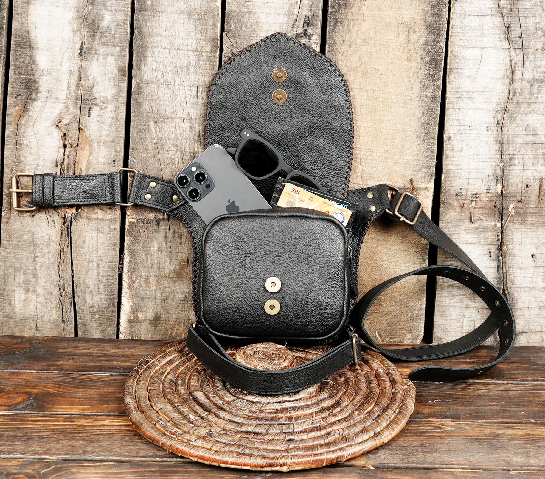 Buy Black Leg Holster Utility Belt Thigh Bag, Leather Hip with magnet button 