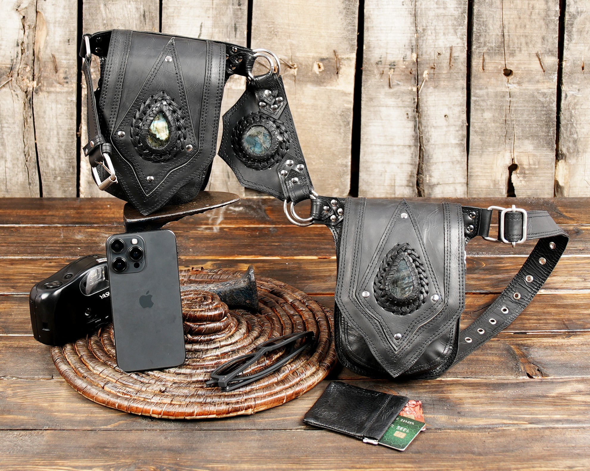 Leather festival waist belt with gemstone and metal hardware