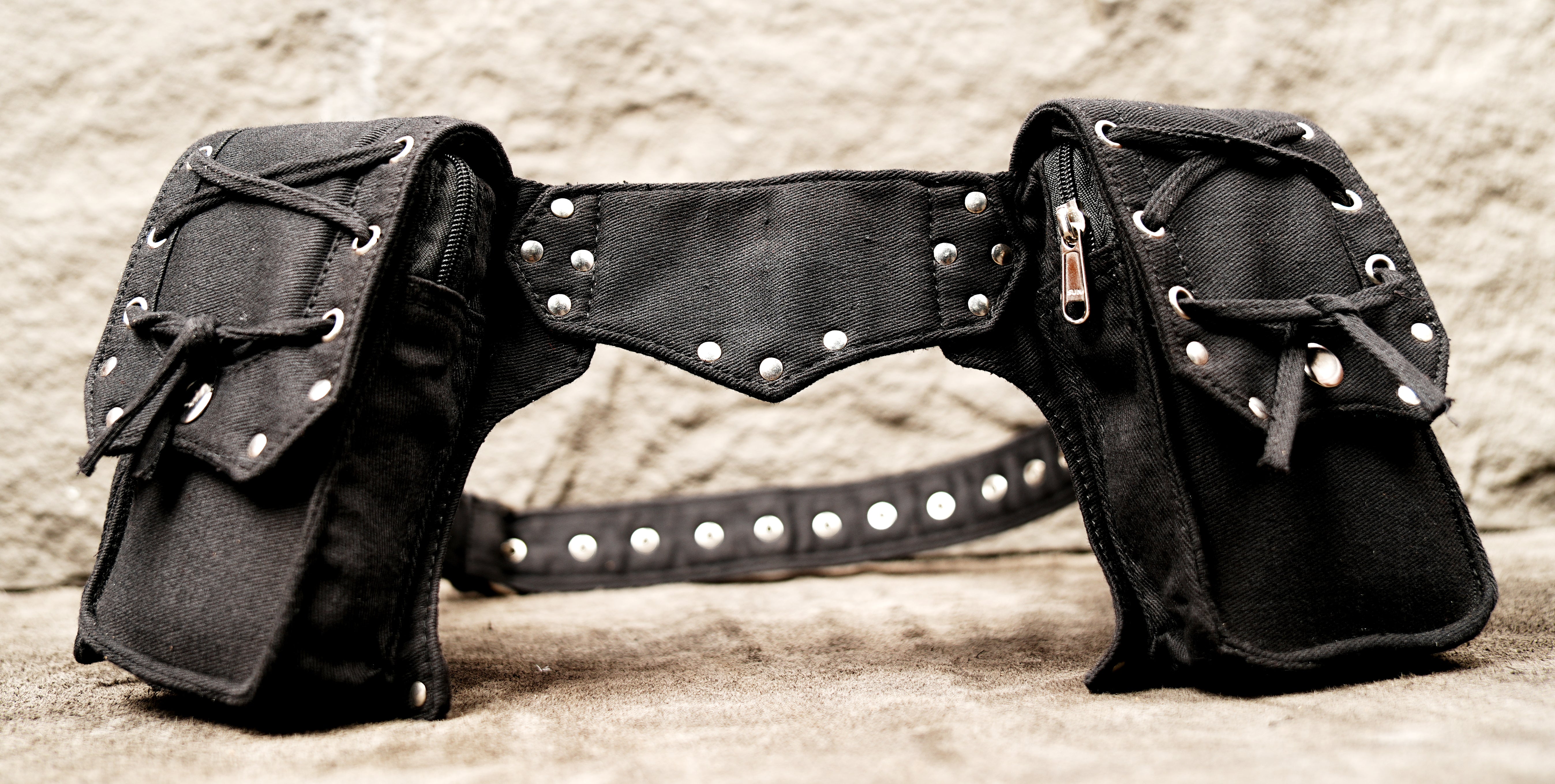 Secure cyberpunk-themed hip pouch in black cotton with practical metal hardware.
