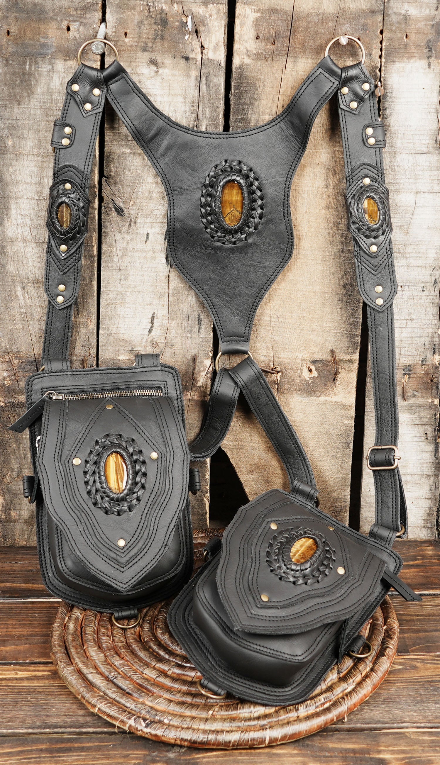 Festival-ready leather holster harness with gemstone detailing