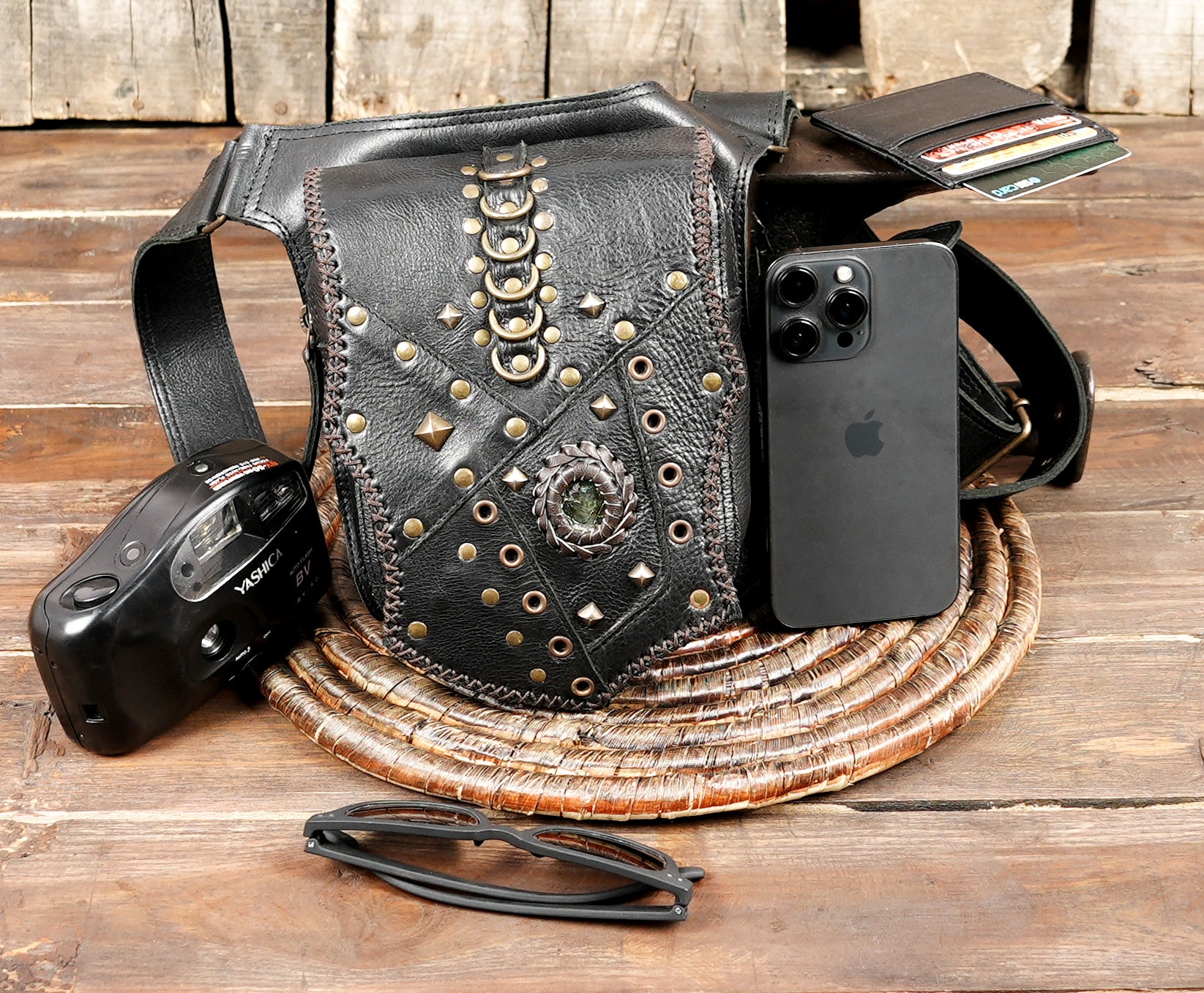 Steampunk inspired leather waist belt with studded pouch design