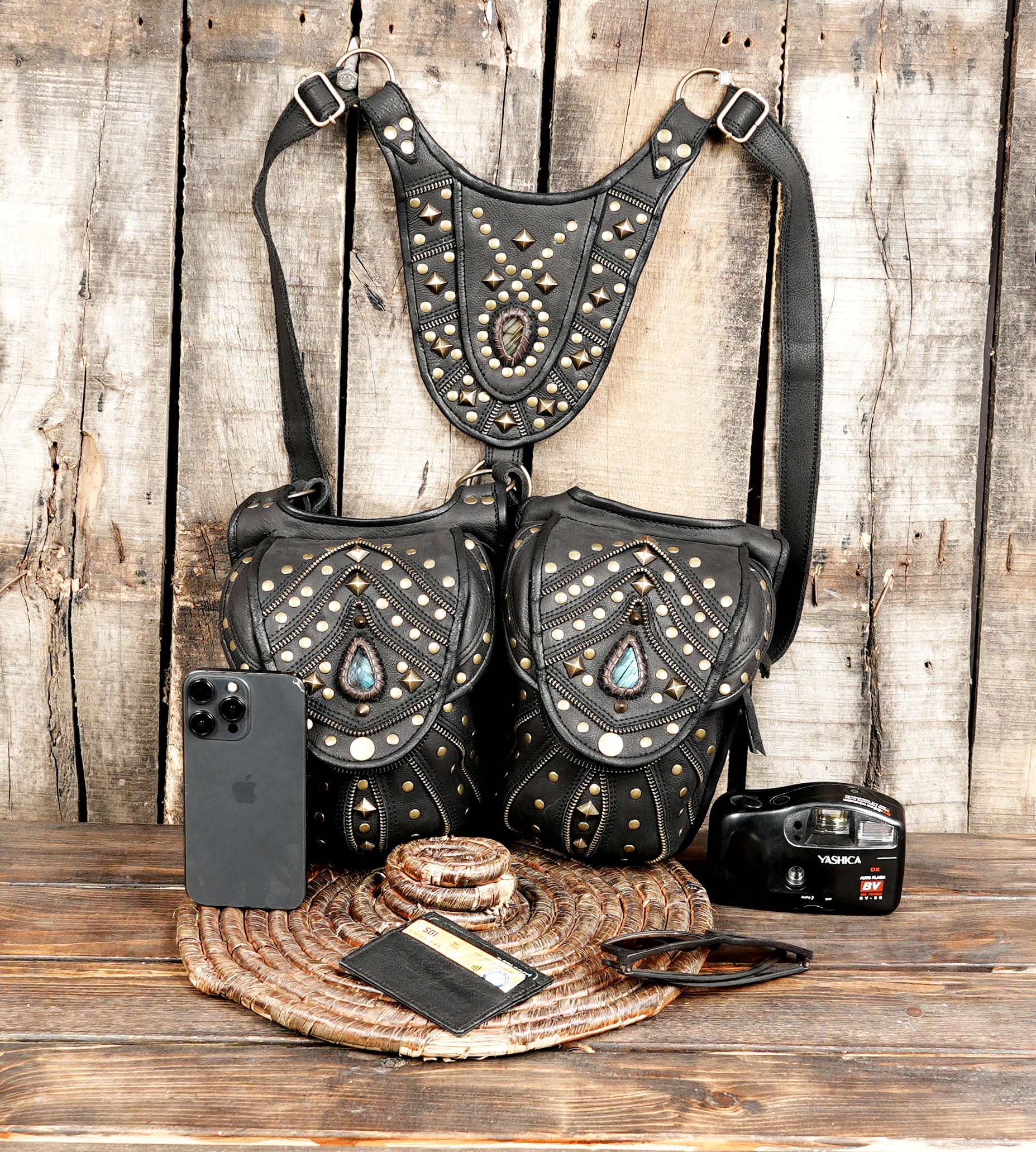 Handcrafted Leather Holster with Labradorite Stone Accents || Boho Style Leather Dual Pouch Holster with Gemstone Detail (LT-AB-HLS-6099)