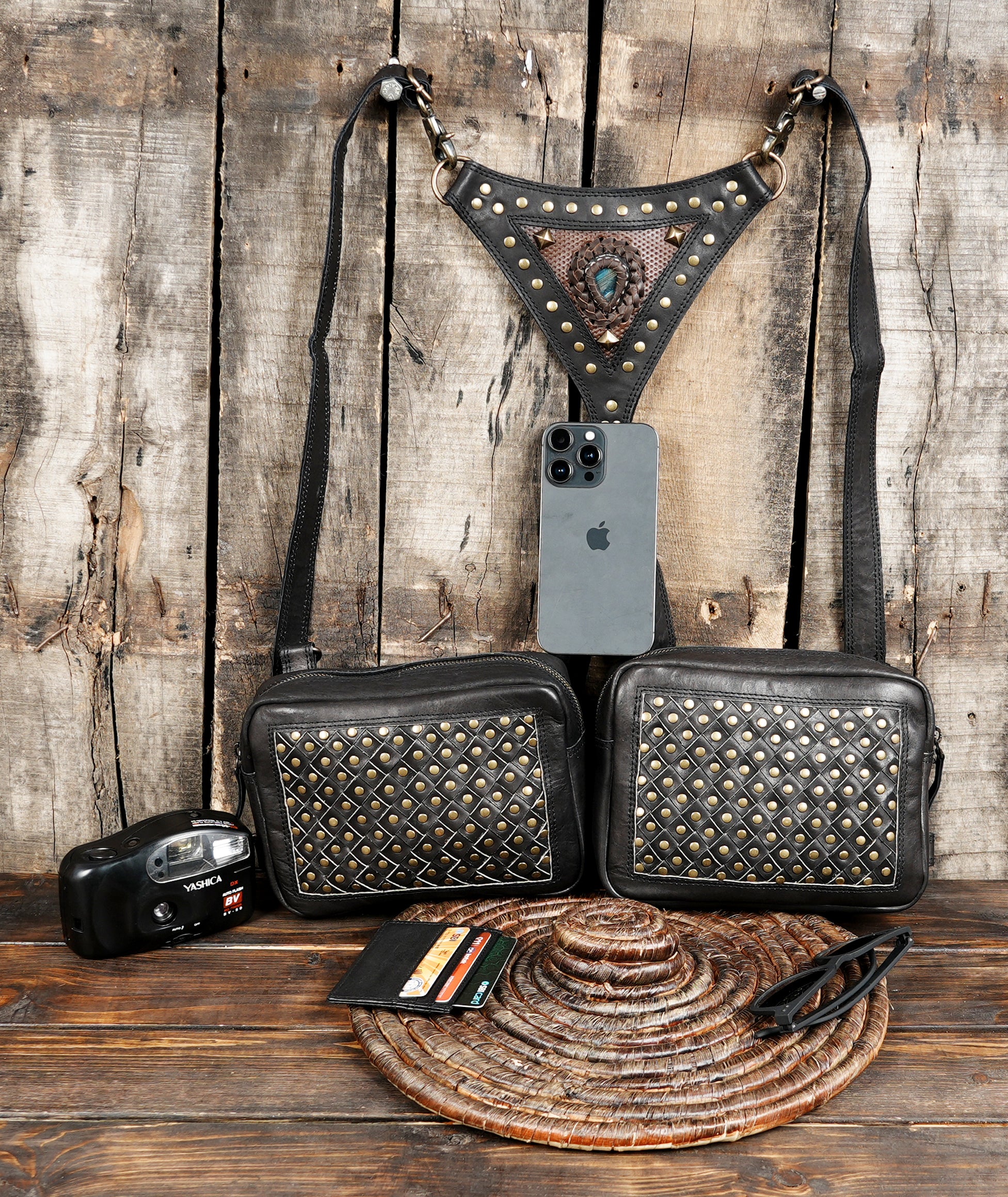 Vintage black leather holster bag with adjustable straps