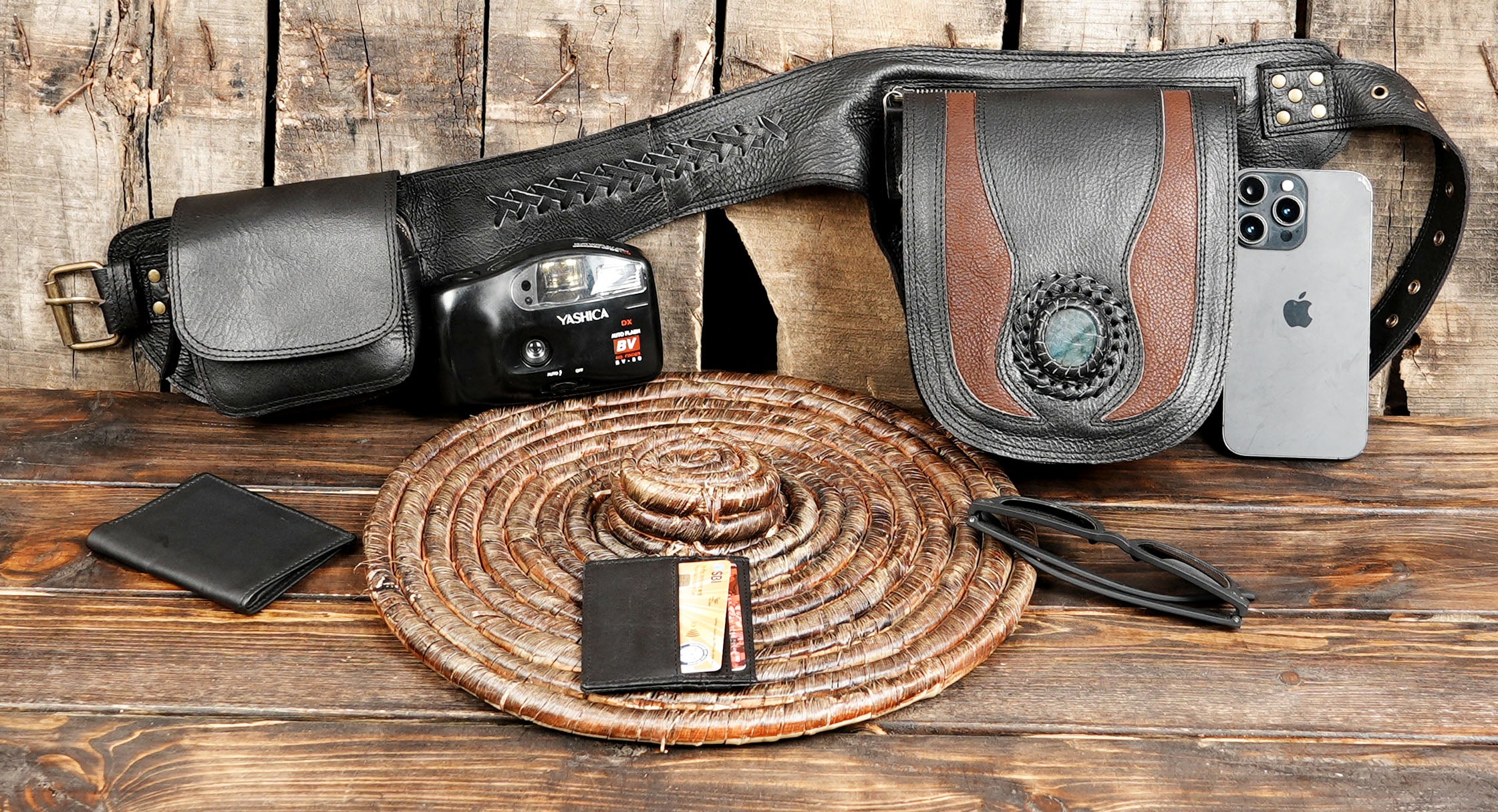 Handmade leather belt pouch with gemstone centerpiece