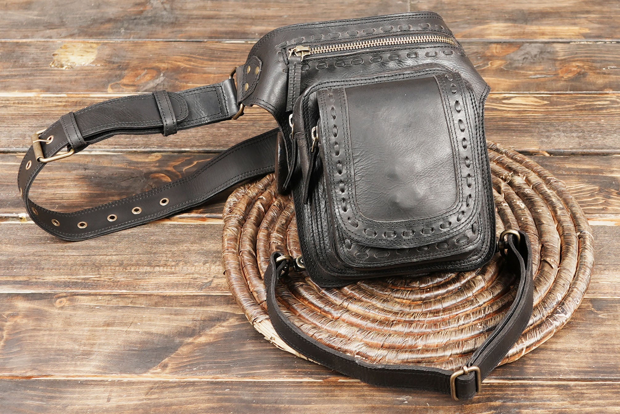 Black leather waist pouch for festivals, cosplay, and travel