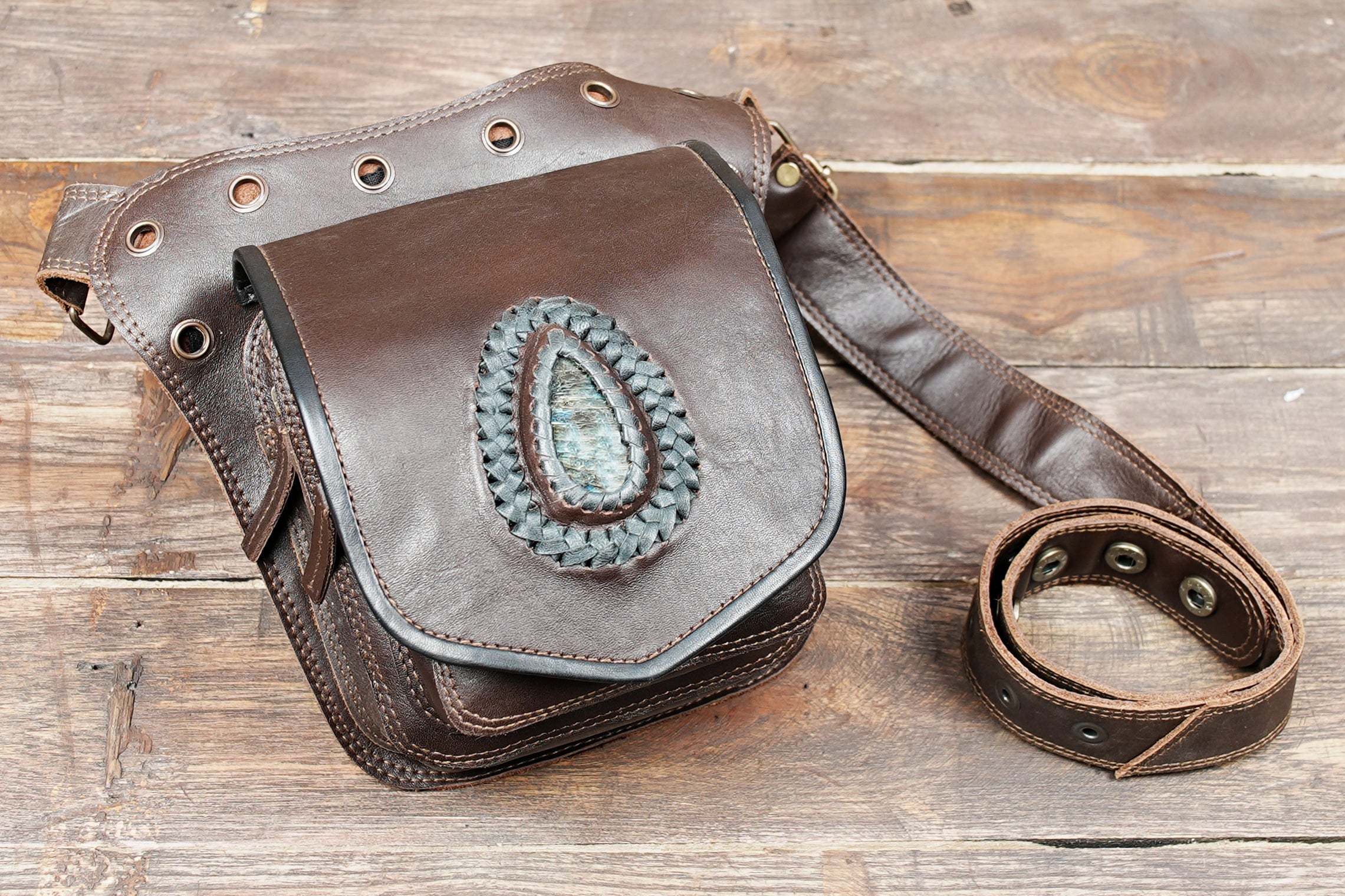 Model wearing gemstone leather waist bag with leggings