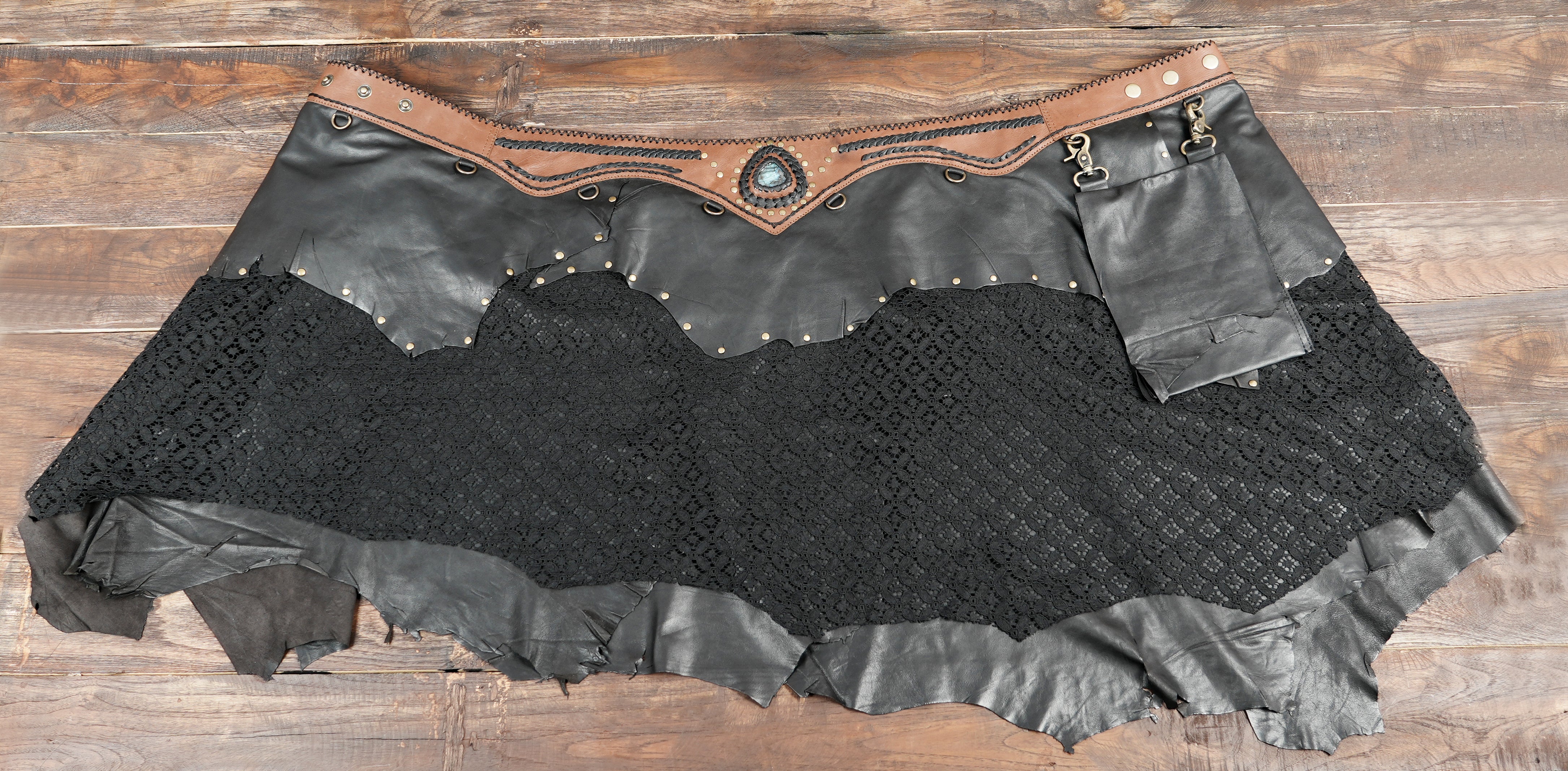Western black leather skirt with lace overlay and handcrafted waistband