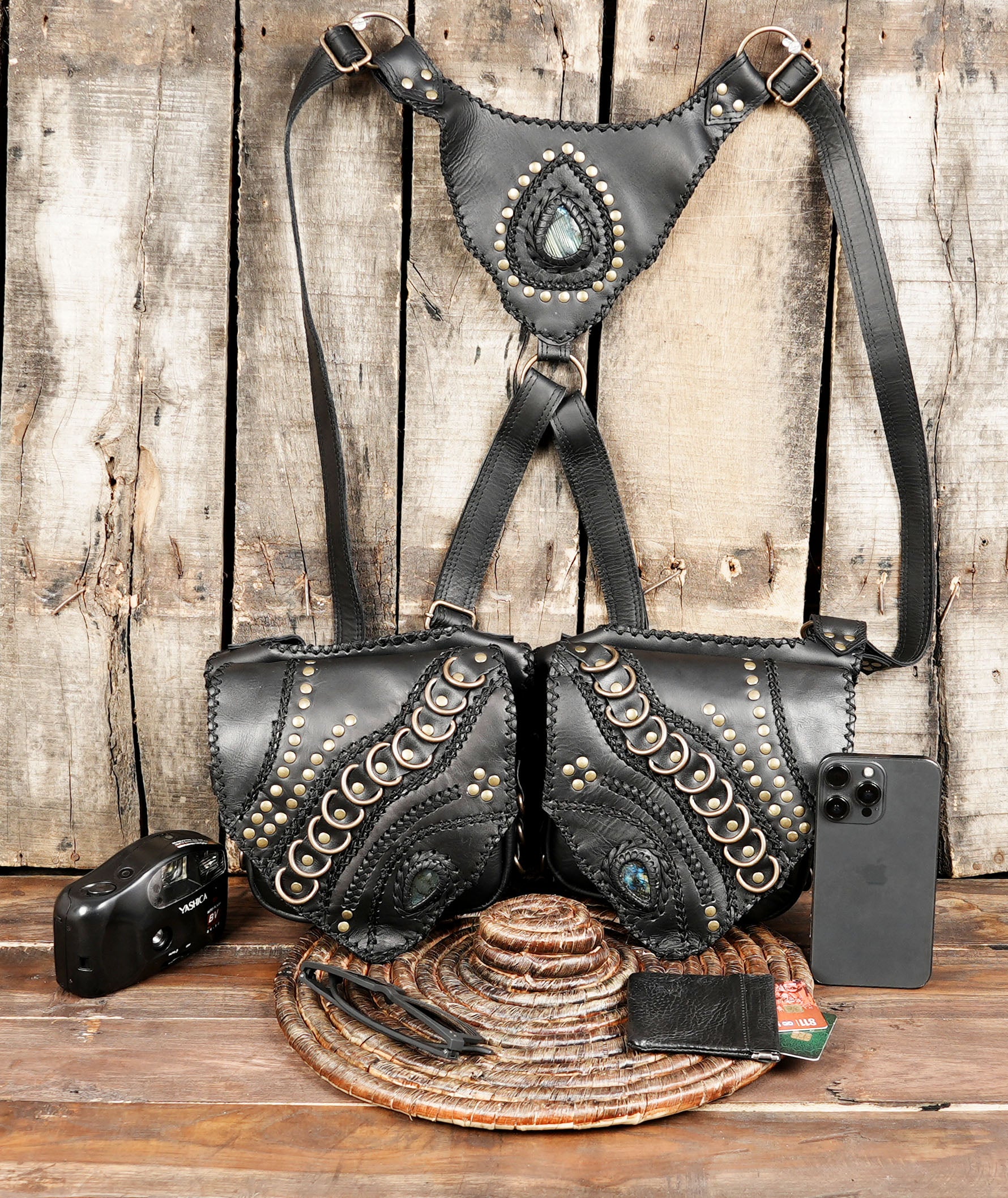 Gothic leather utility harness with gemstone center