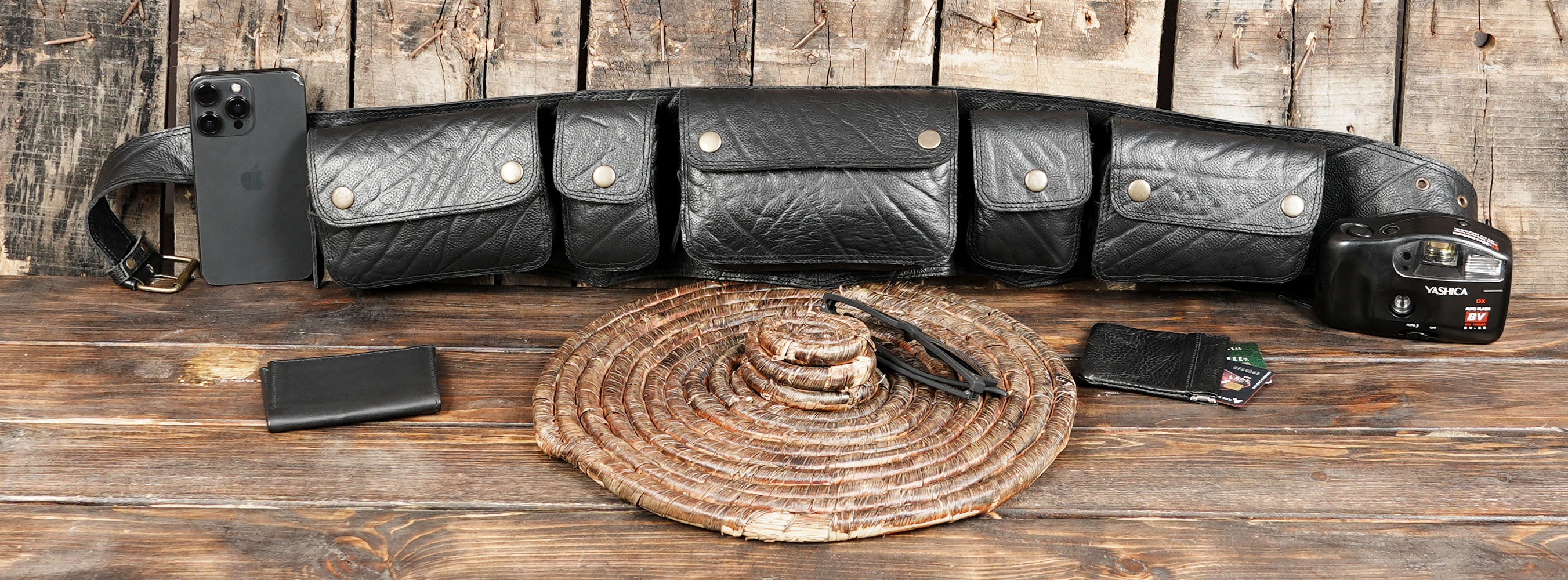 Handmade Black Leather Utility Waist Belt with Multi Pockets || Boho Leather Waist Belt with Multi Pocket Storage (LT-AB-WB-6181)