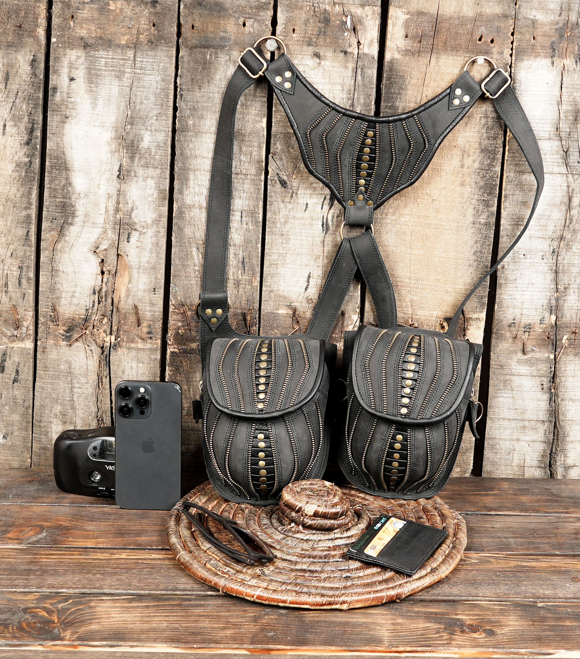 Gothic Inspired Leather Holster with Dual Storage || Decorative Leather Festival Holster Harness (LT-AB-HLS-6104)