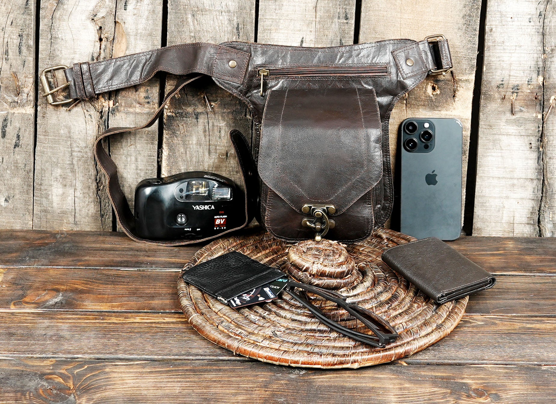 Handmade Leather Waist Belt with Front Pouch || Genuine Leather Waist Belt with Utility Pouch (LT/AB/WB/6171)