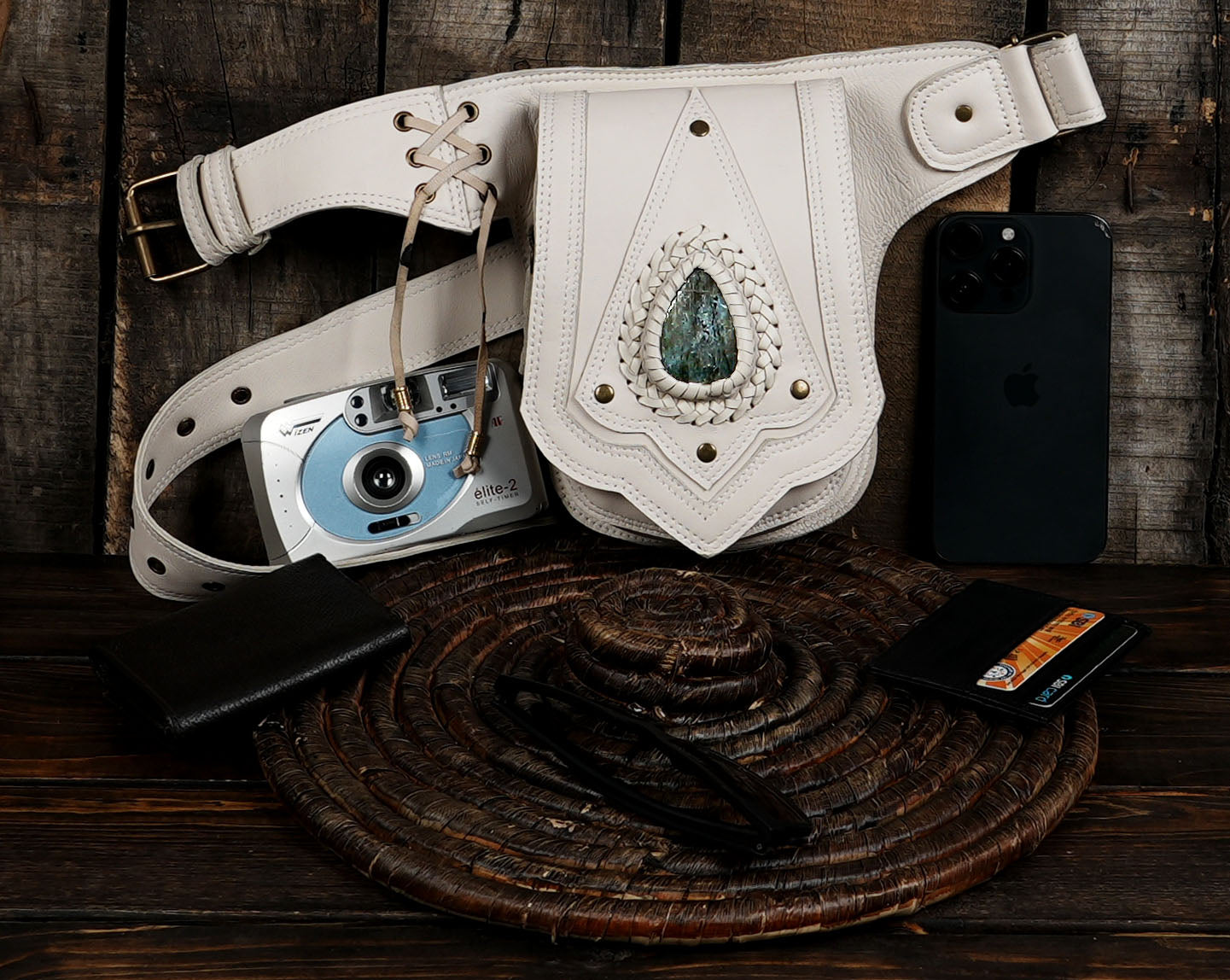 Handmade Leather Waist Pouch: Gemstone Steampunk Festival Belt Bag