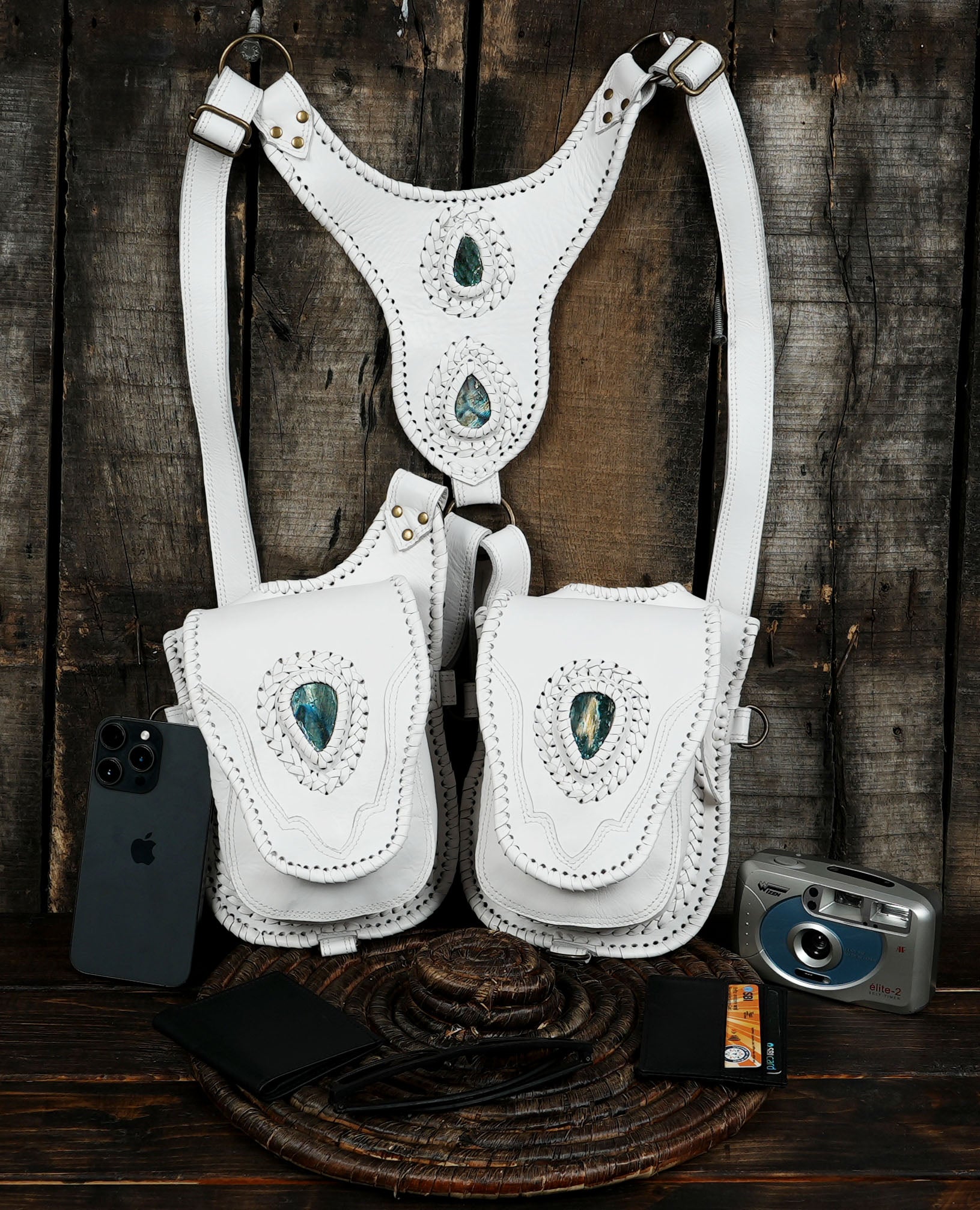 Buy Handmade Leather Holster Belt With Dual Utility Pouches with white fit 