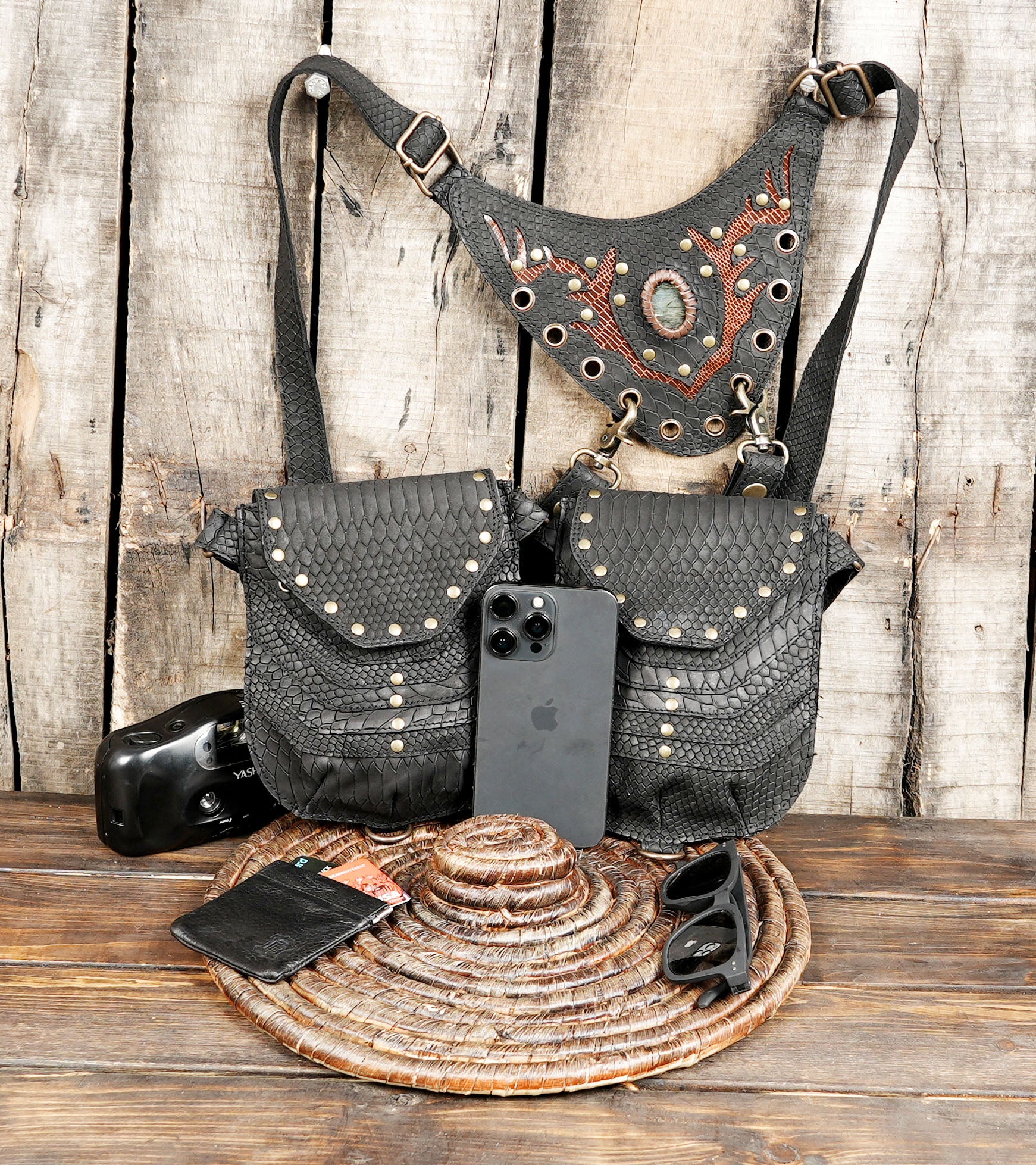 Adjustable leather harness with twin utility bags and decorative rivets