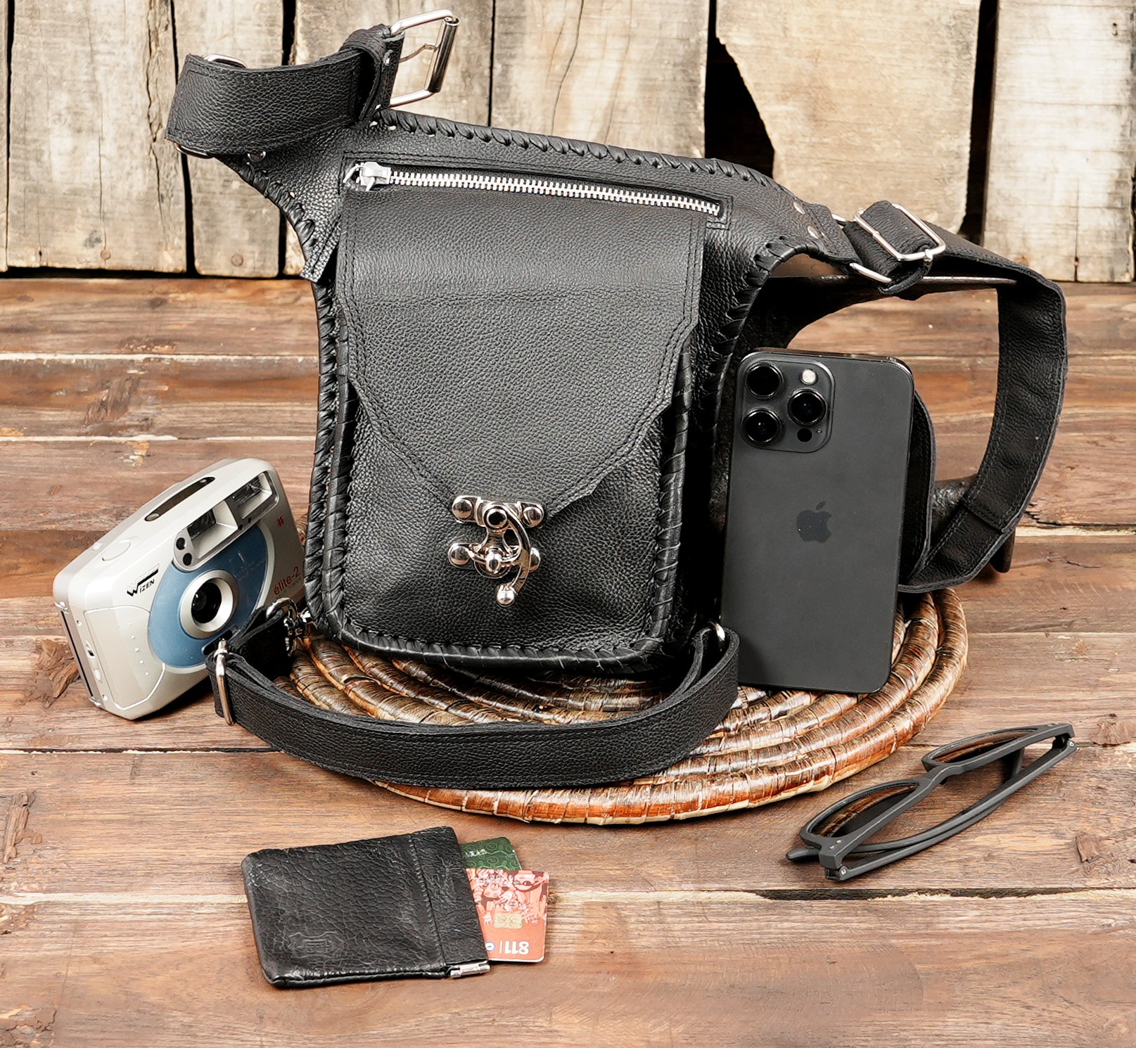 Buy Leather Motor Travel Bag, Thigh Bag Pouch, Unisex Leather Belt Pouch Bag, Jungle Tribe with unique design and creativity 