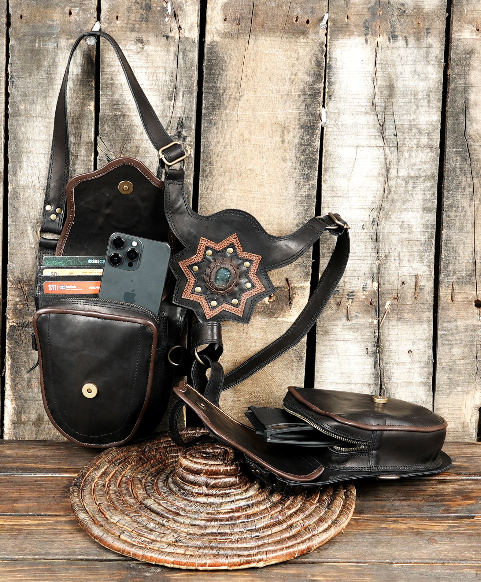 Leather Holster Bag with Adjustable Strap – Boho utility festival bag 