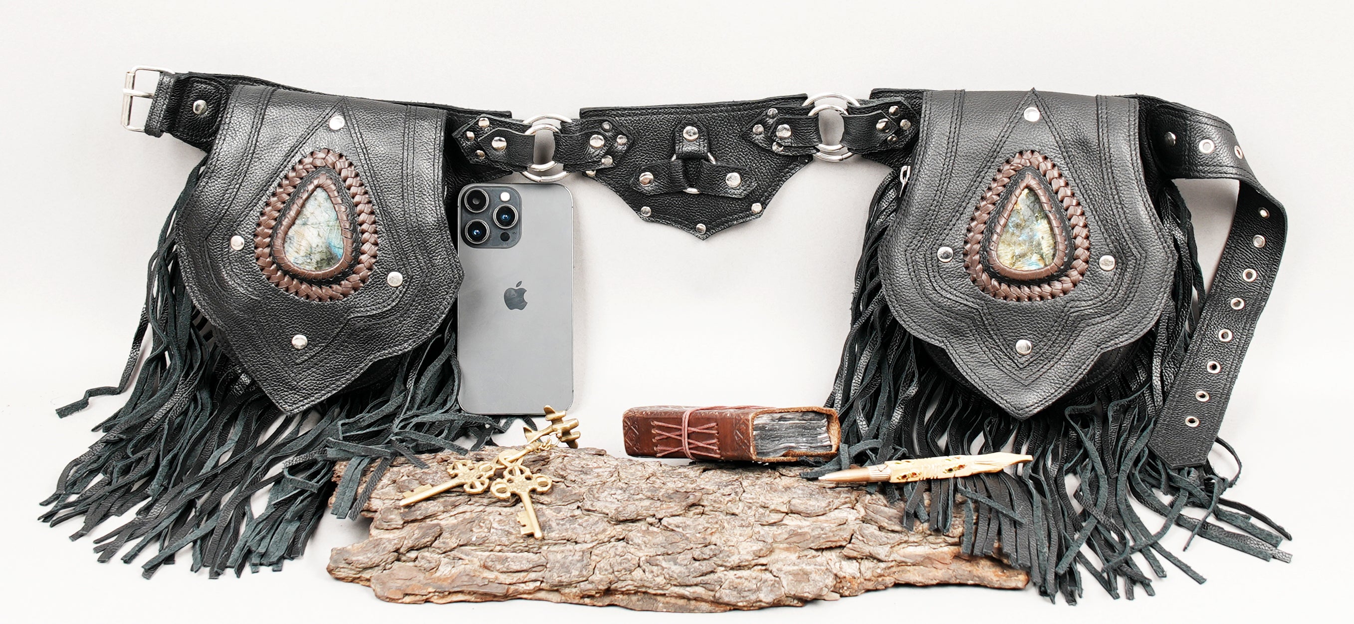 Black leather waist belt with stone embellishments