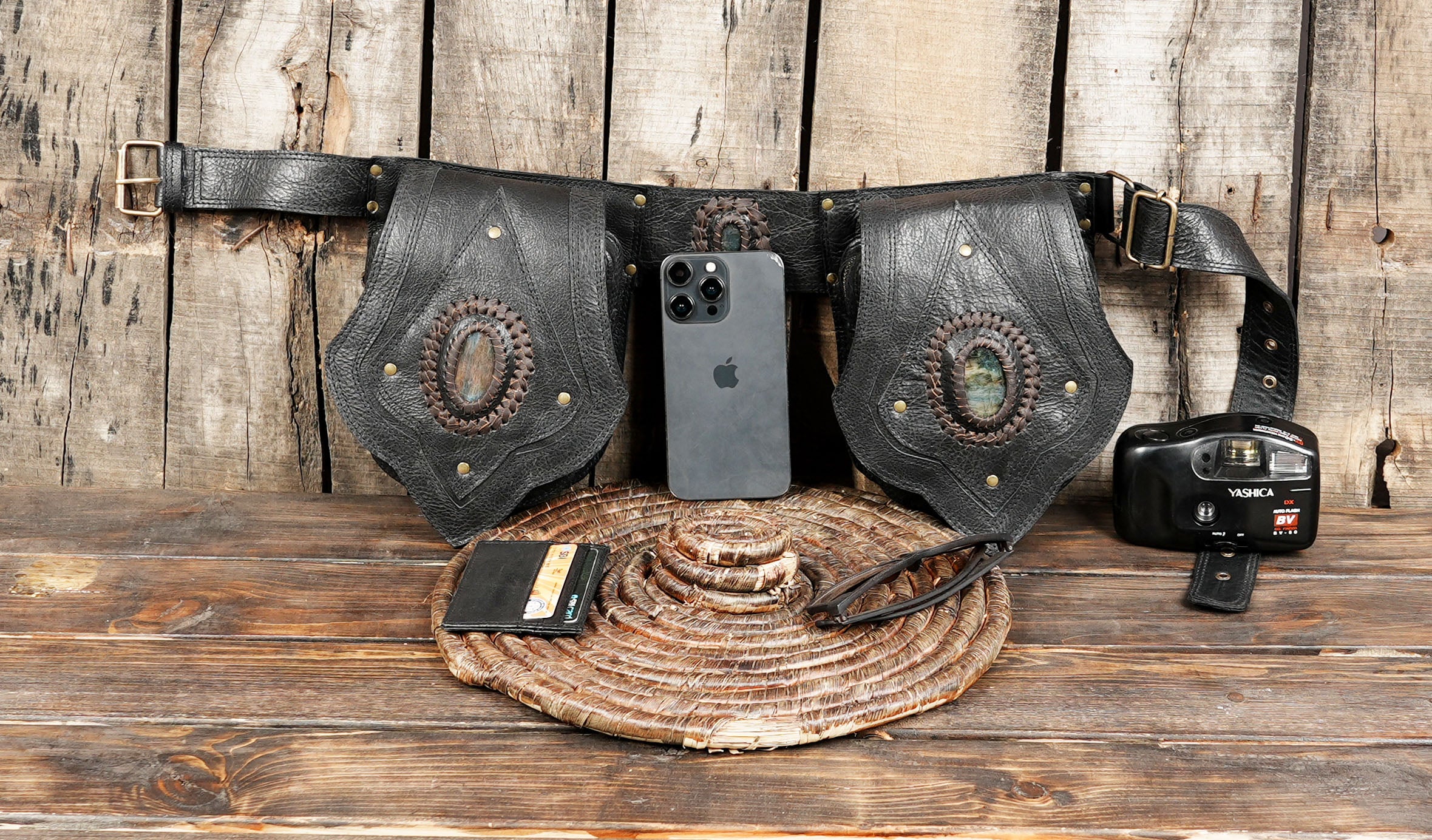 Handmade Black Tribal Leather Waist Belt with labradorite gemstone – Gothic Boho Hip Bag with Stone Accents  (LT-AB-WB-6080)