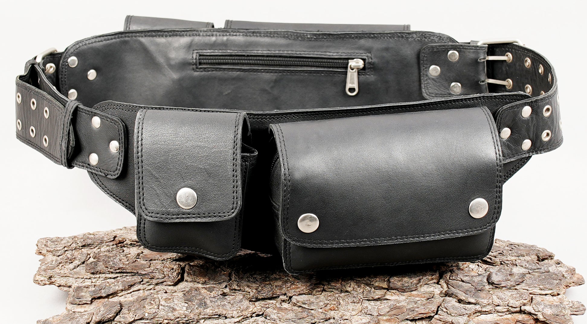 Black leather waist belt with secure snap button pockets