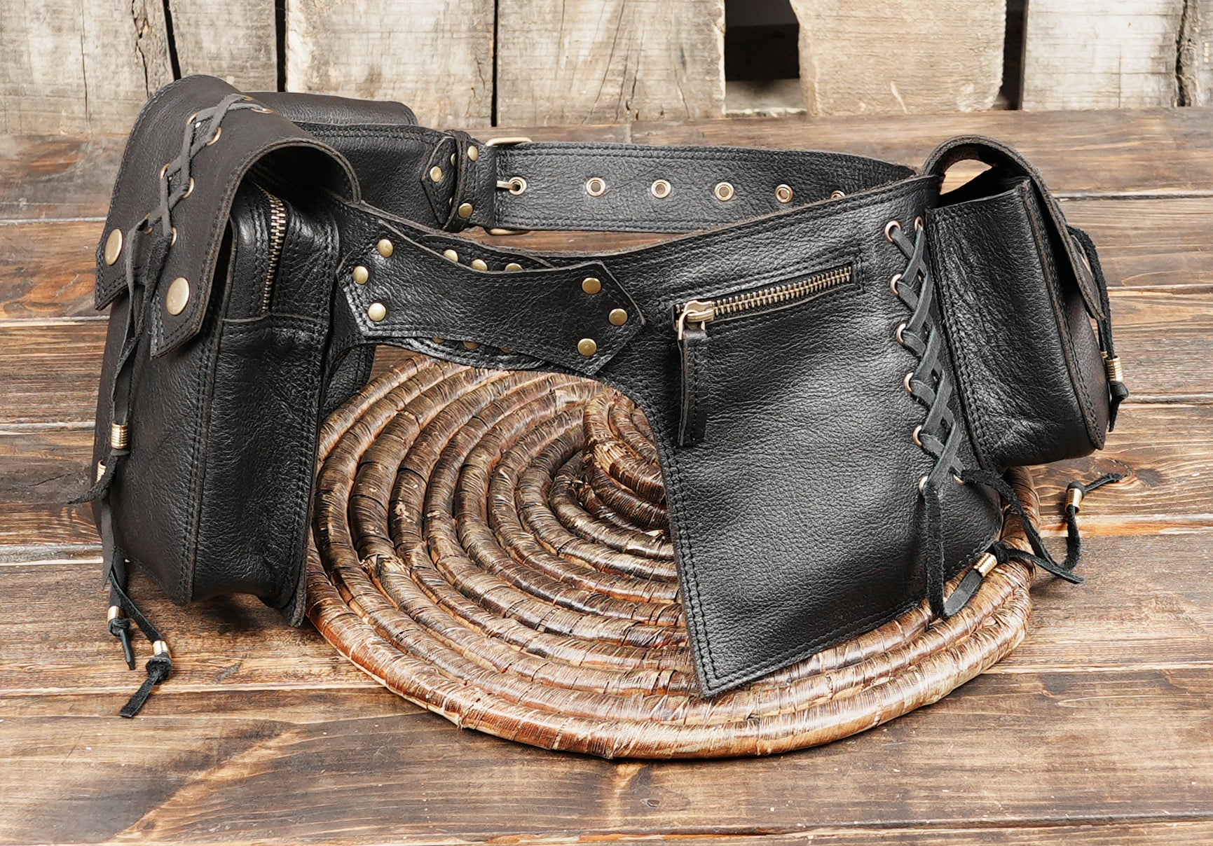 Black leather travel belt with multi compartments