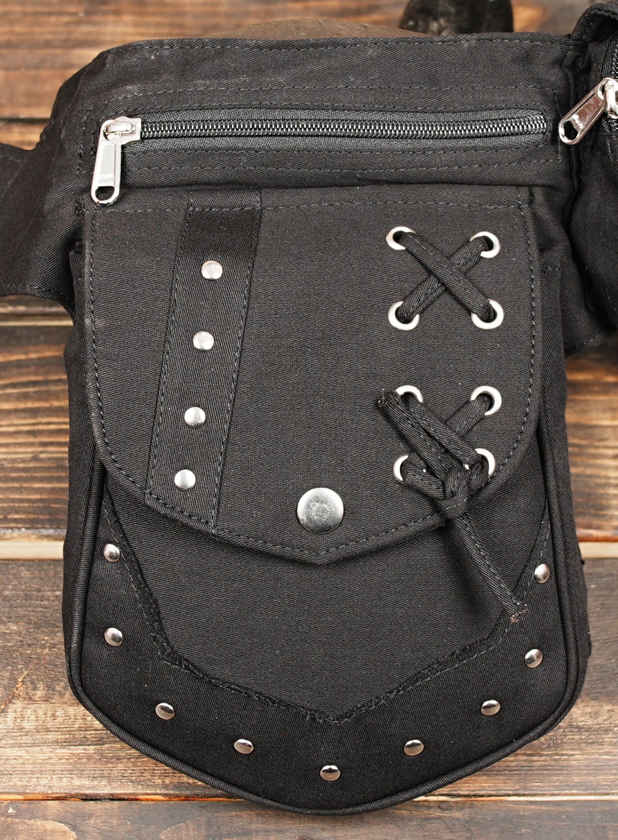 Cotton waist bag opened showing wallet and phone storage