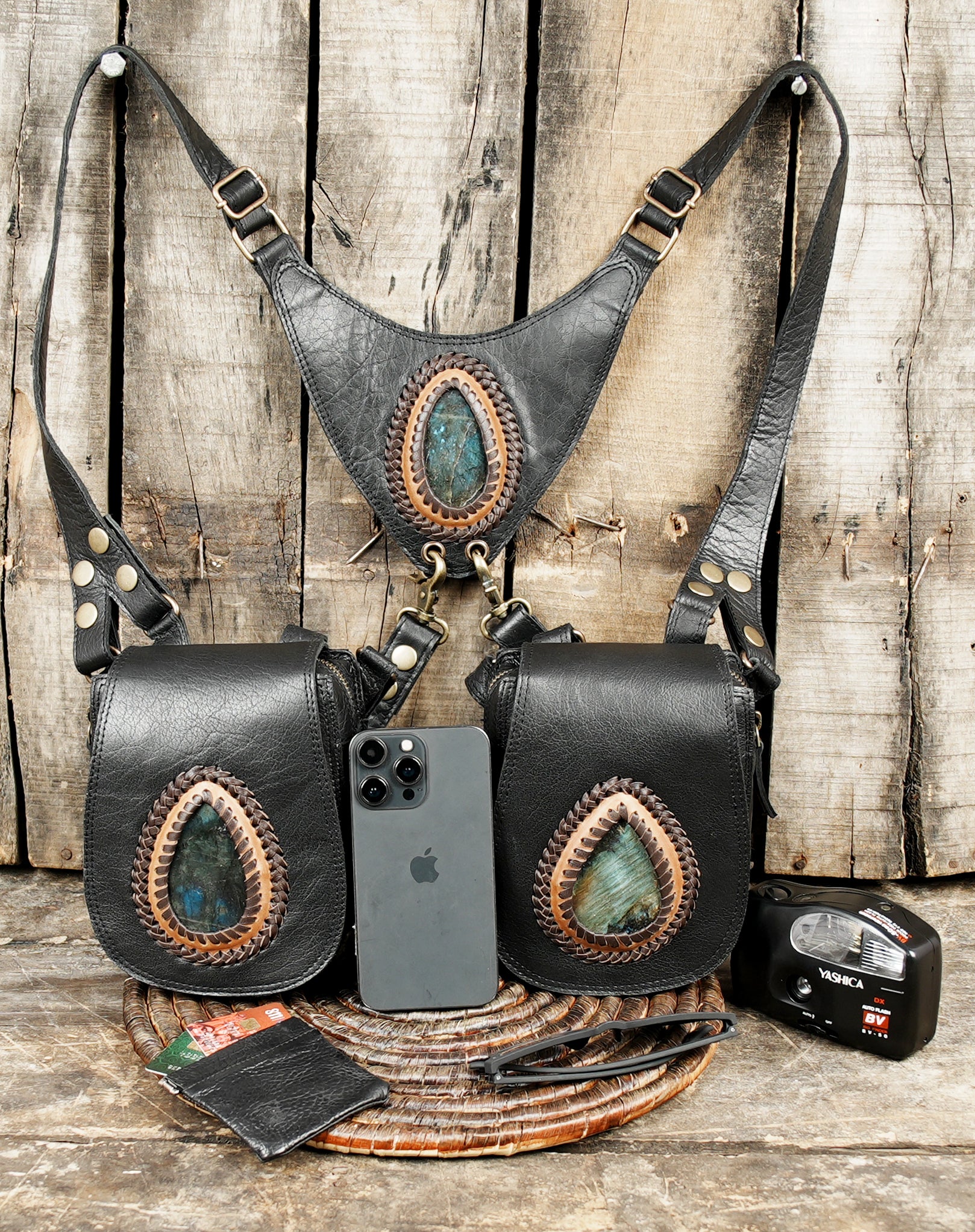 Festival-style leather harness bag with gemstone accents
