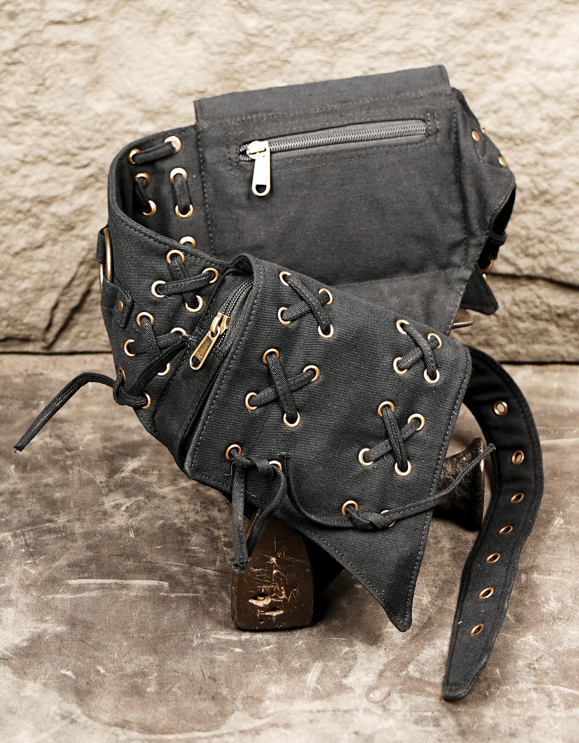 Gothic cotton waist pouch belt with D-ring