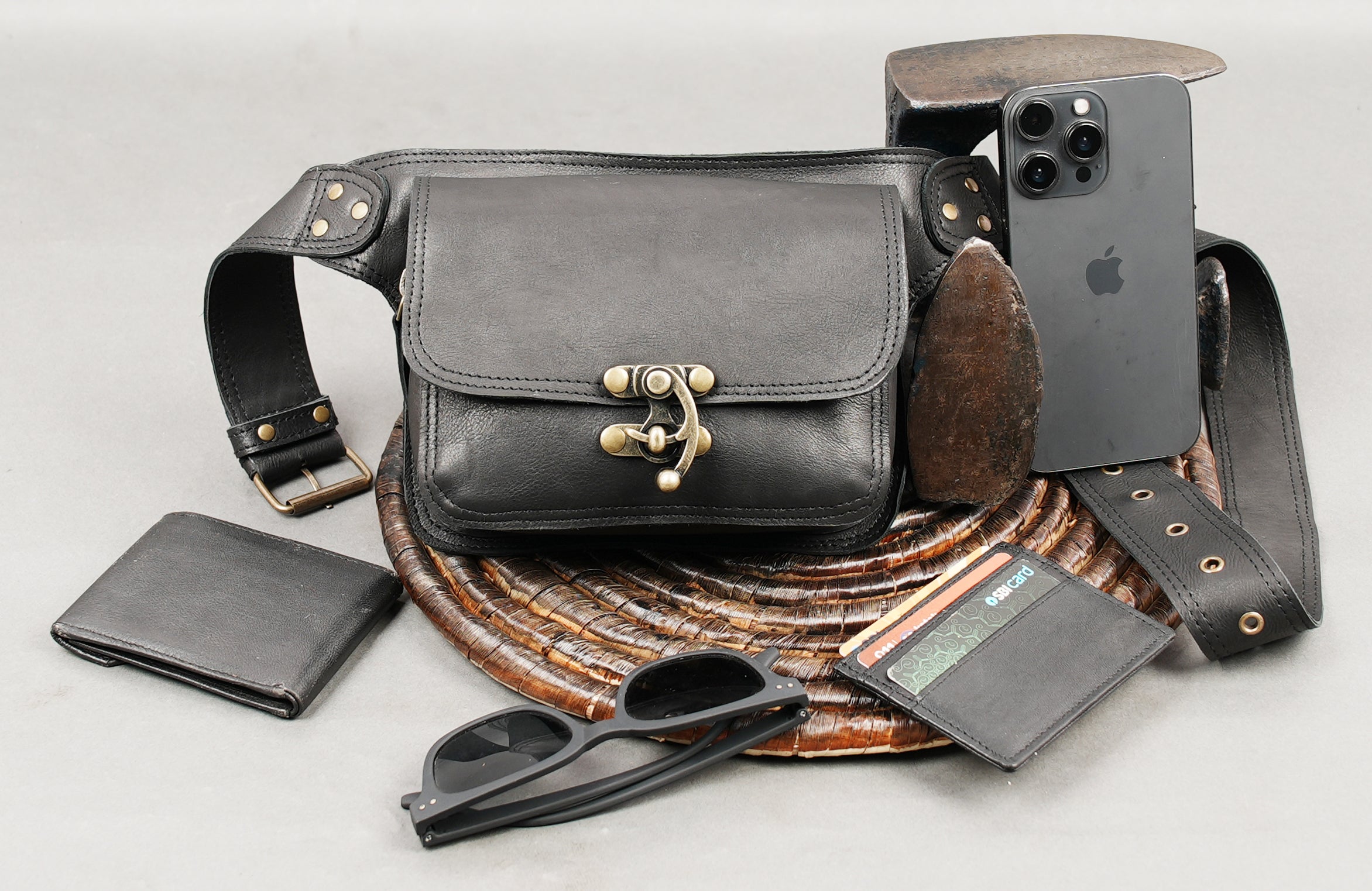 Black leather festival belt bag with sturdy buckle closure