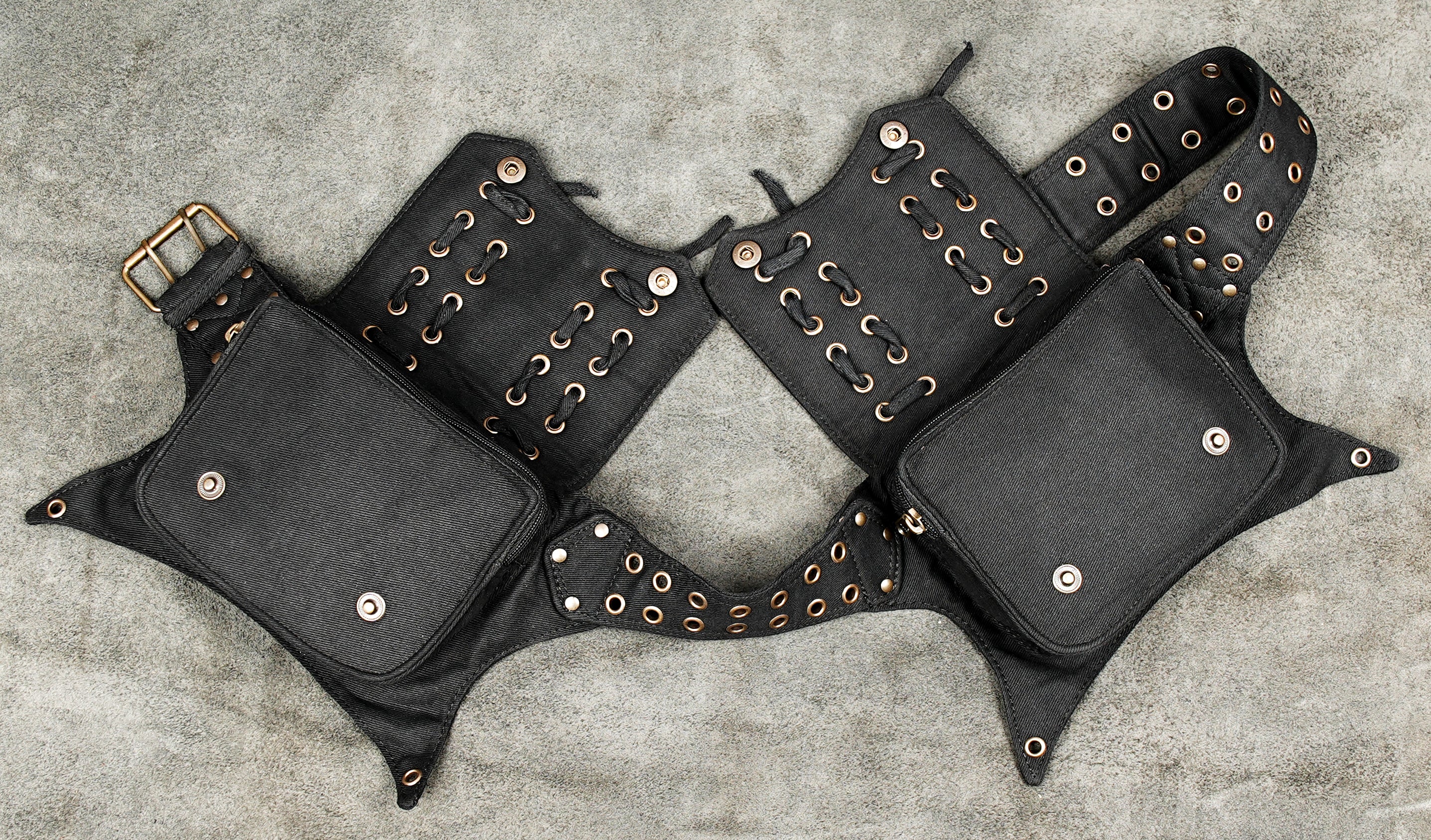 Handmade black cotton hip bag with pockets