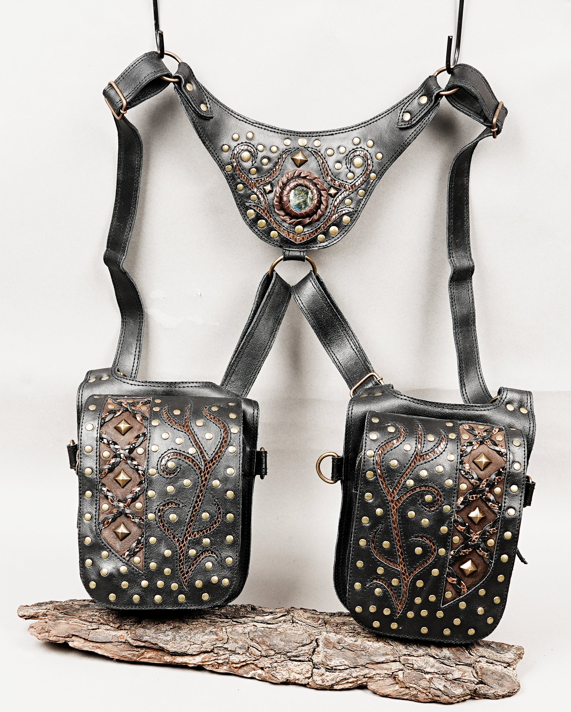 Boho style leather harness with adjustable waist and shoulder straps