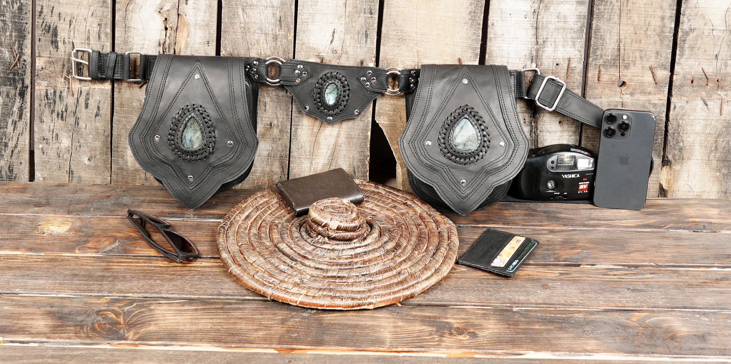 Black Leather Double Pouch Waist Belt with Labradorite Stone || Festival Style Leather Waist Belt with Double Pockets (LT-NS-WB-6025)