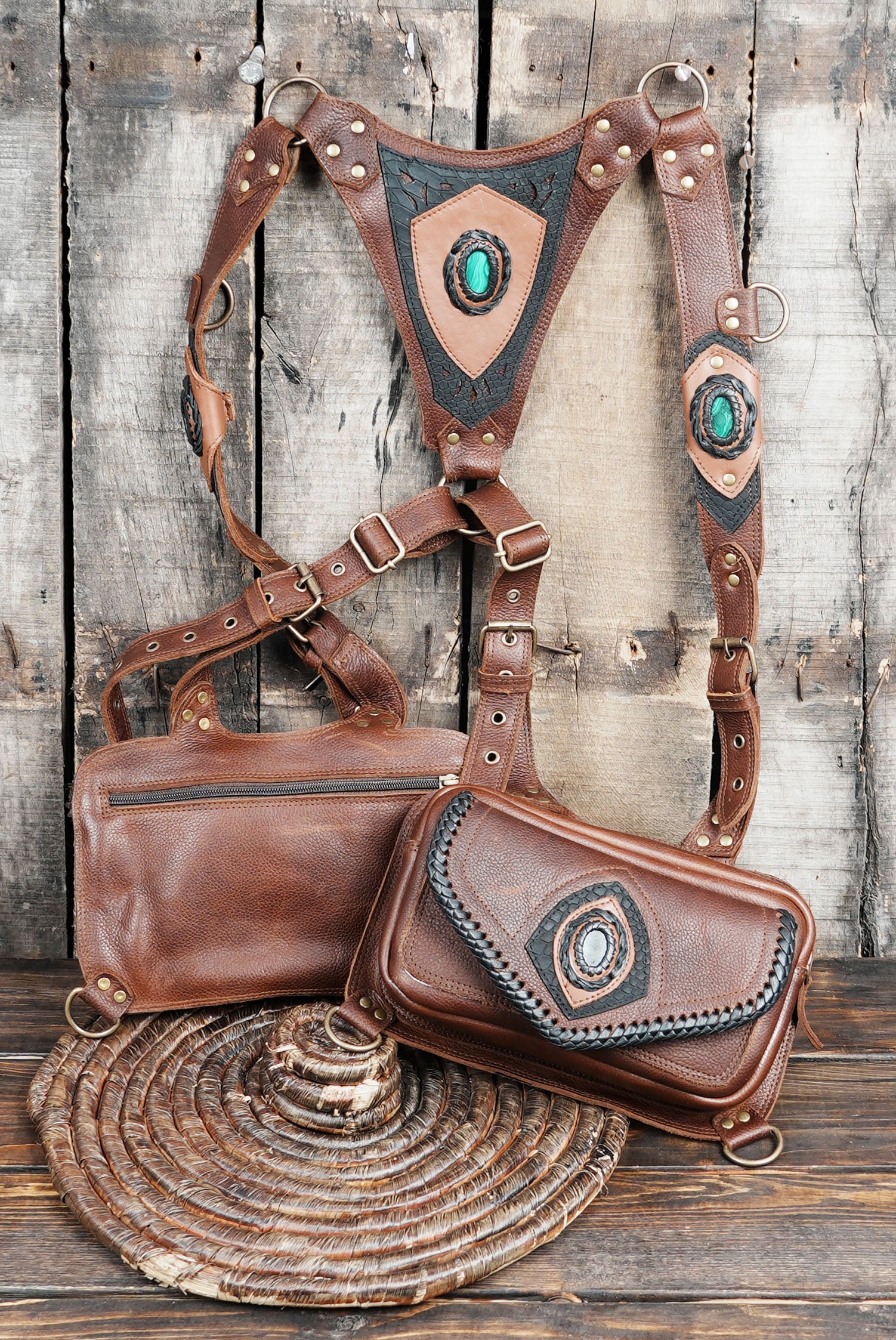 Handmade Leather Shoulder Holster Bag With Real Labradorite