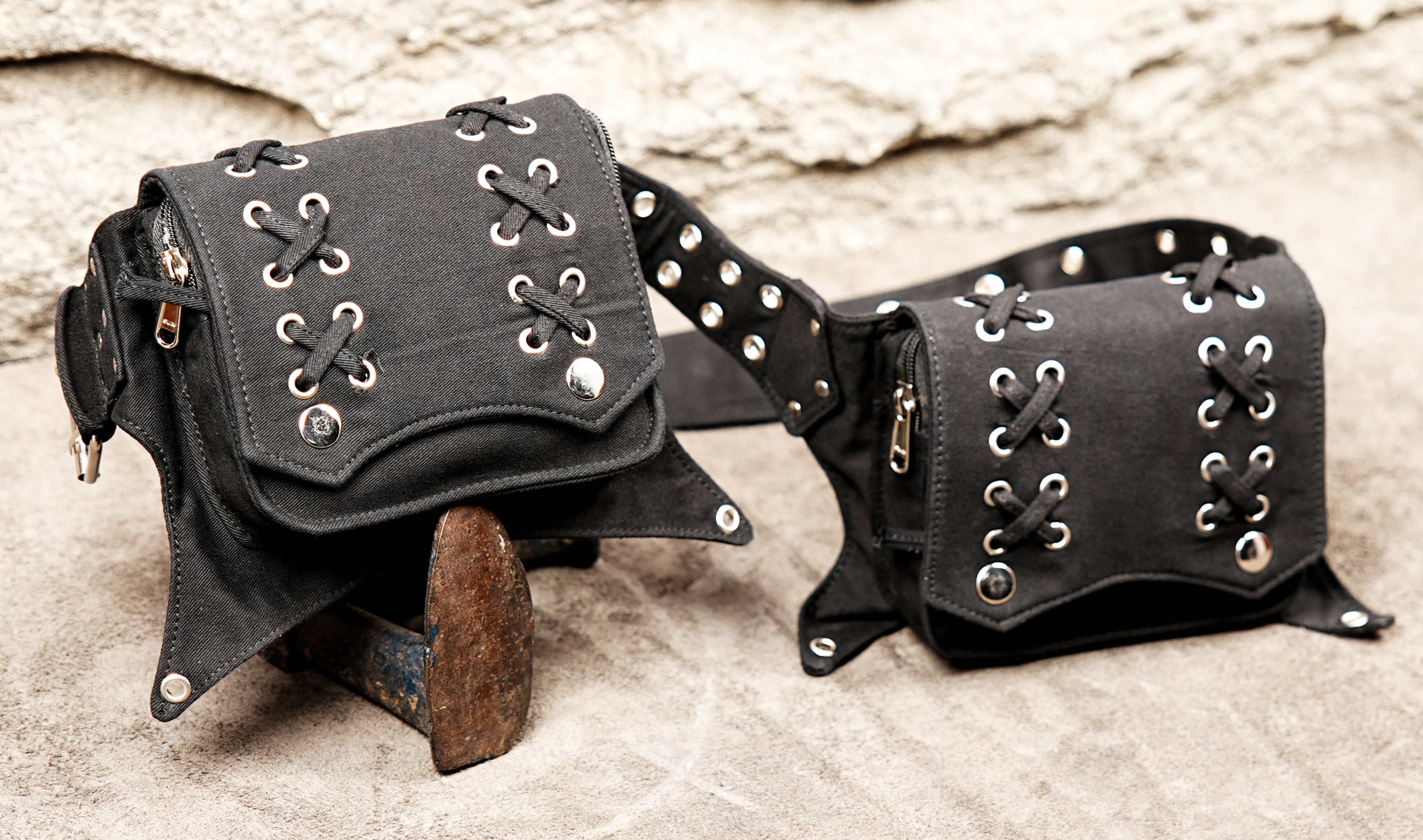 Festival gear black hip bag with pouches, ideal for rave and alternative fashion.