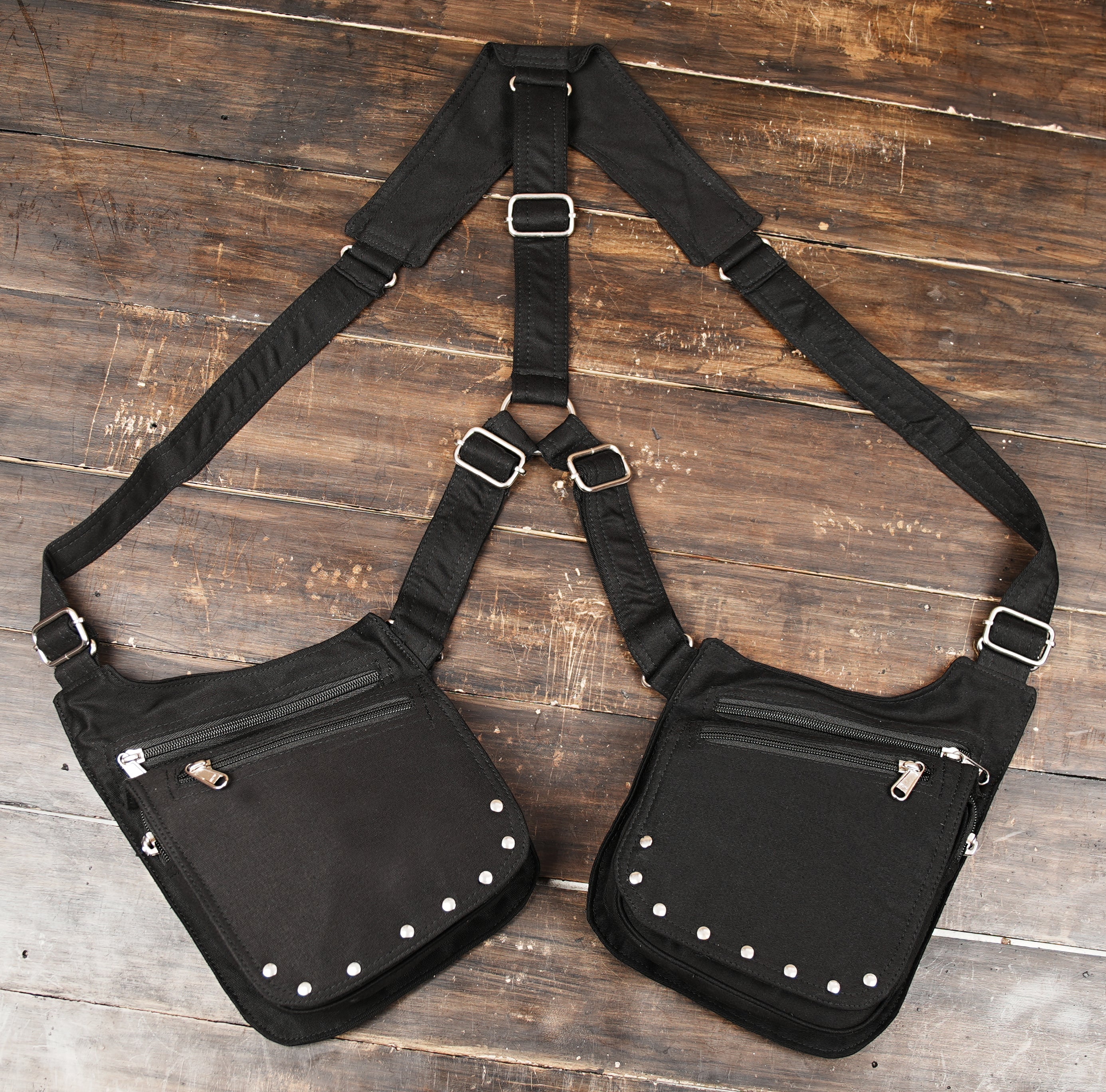 Rugged canvas chest harness showcasing double pockets and metal stud embellishments