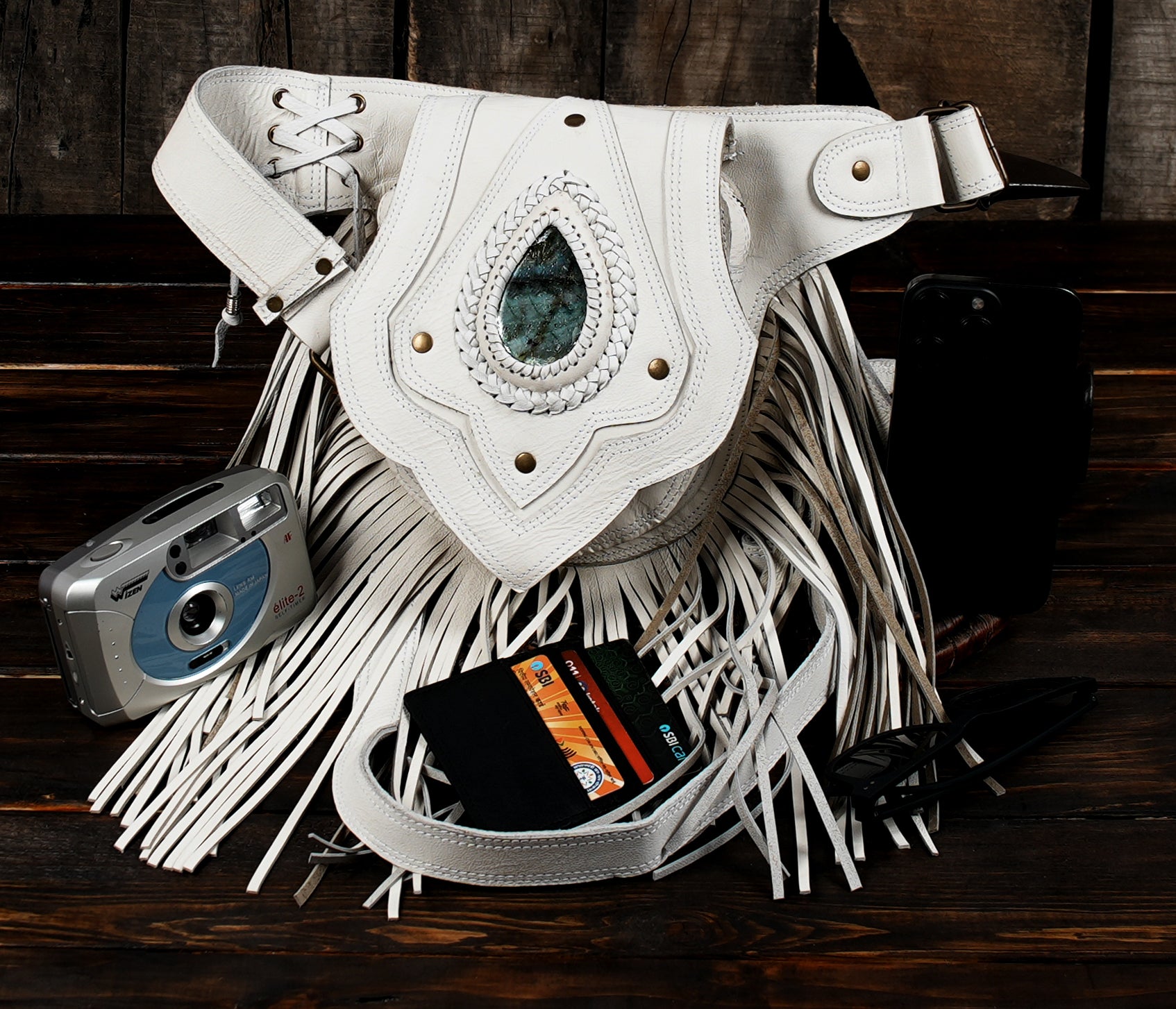 White festival belt pouch with gemstone centerpiece and secure storage