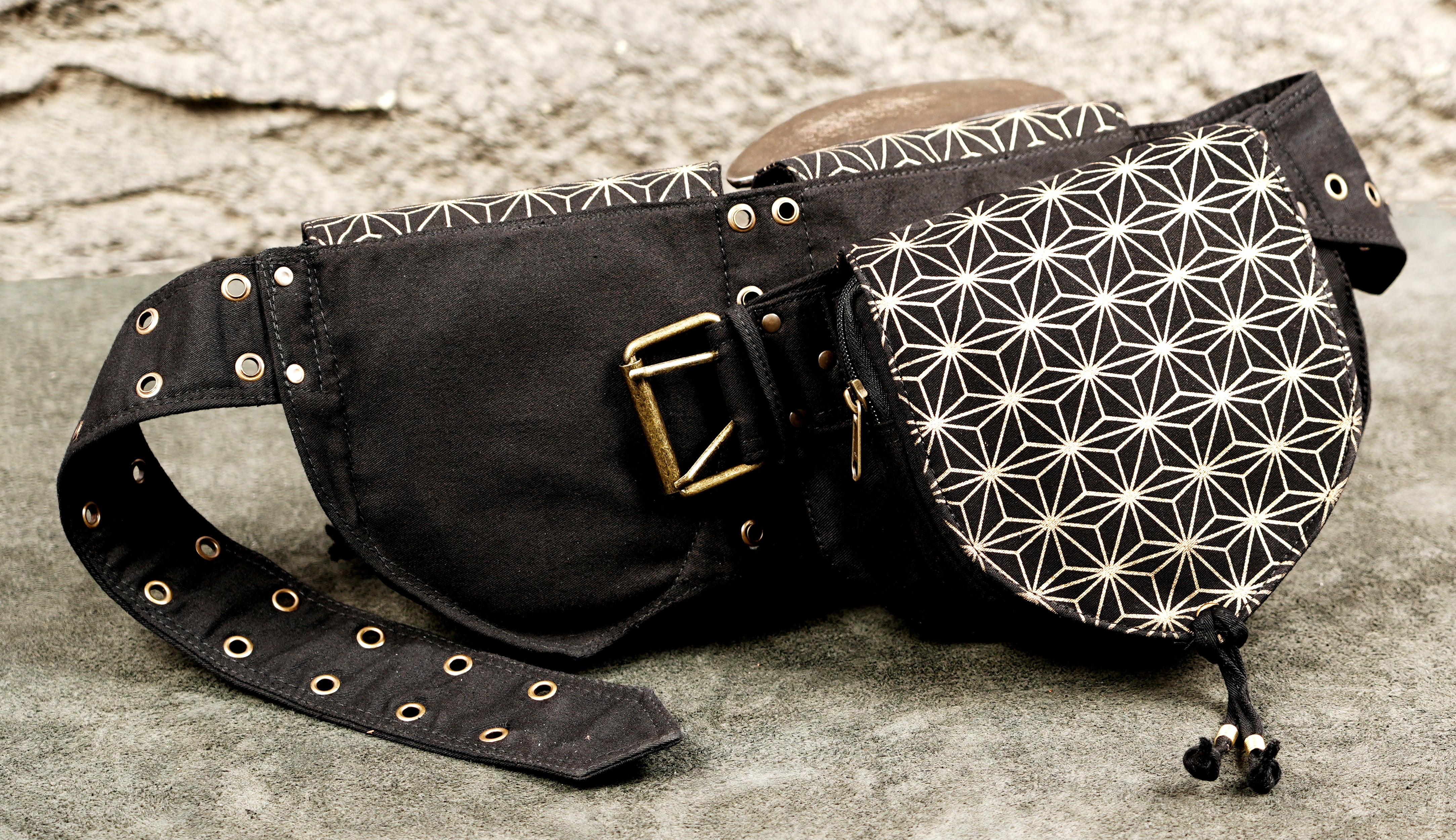 Black boho belt bag with mandala inspired print and adjustable fit