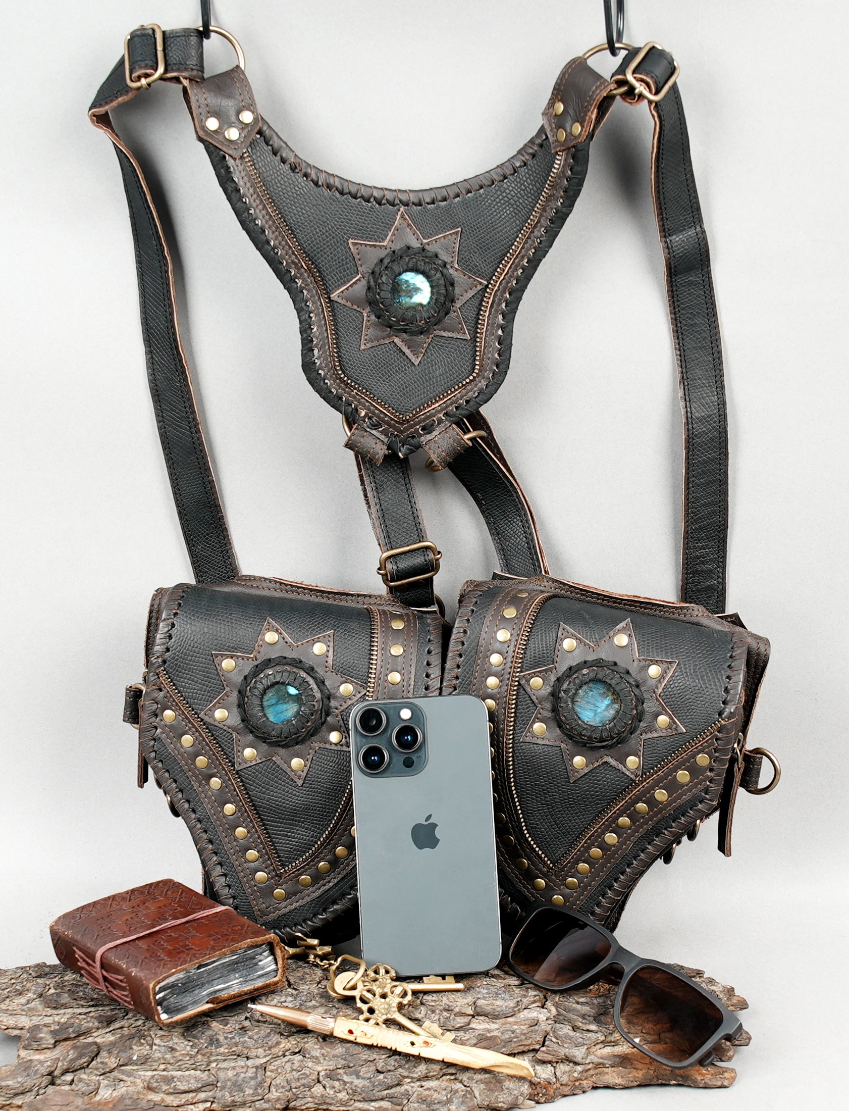Dual pouch leather holster harness for cosplay and travel