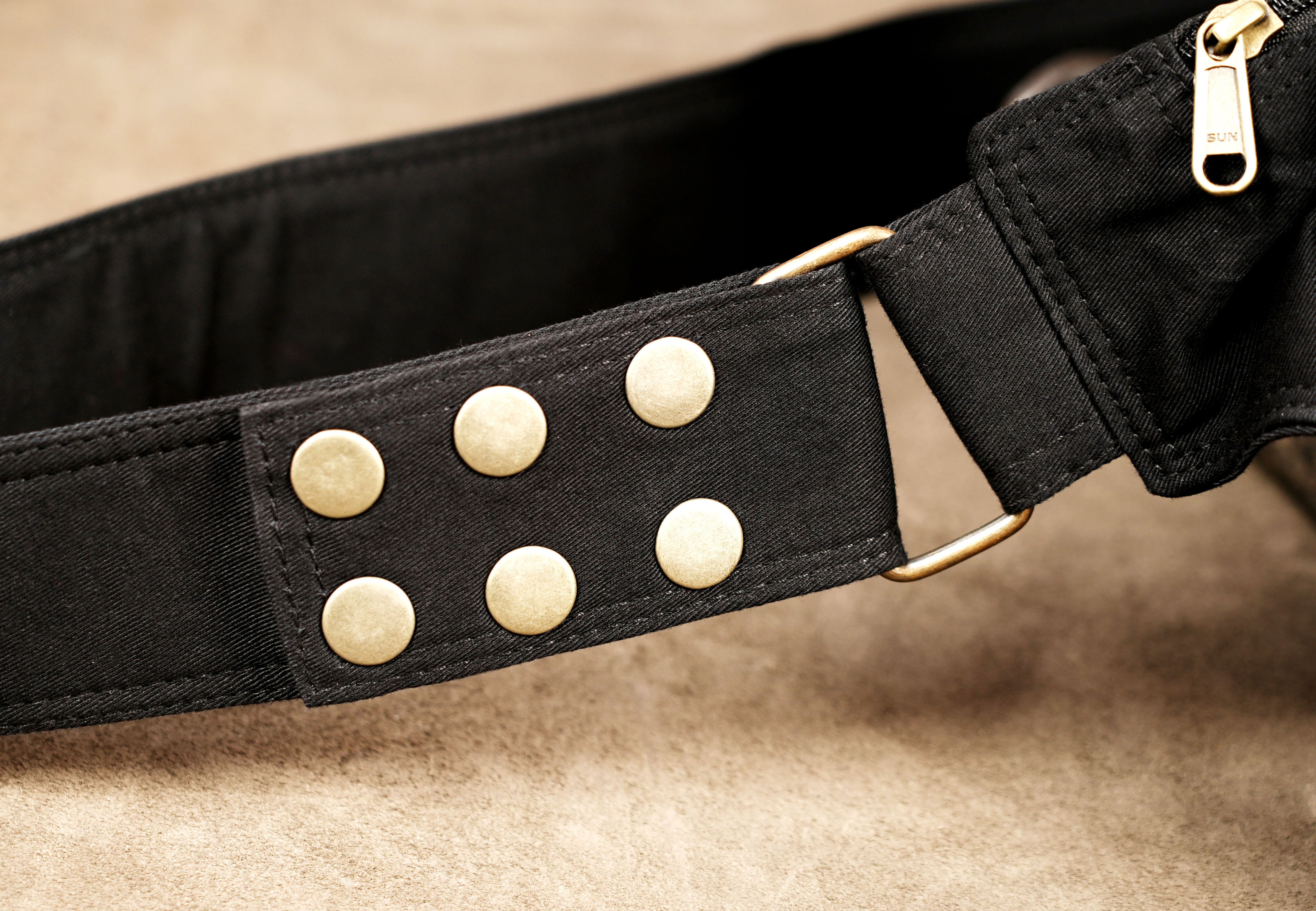 Handmade black cotton utility belt with adjustable strap and antique brass buckle