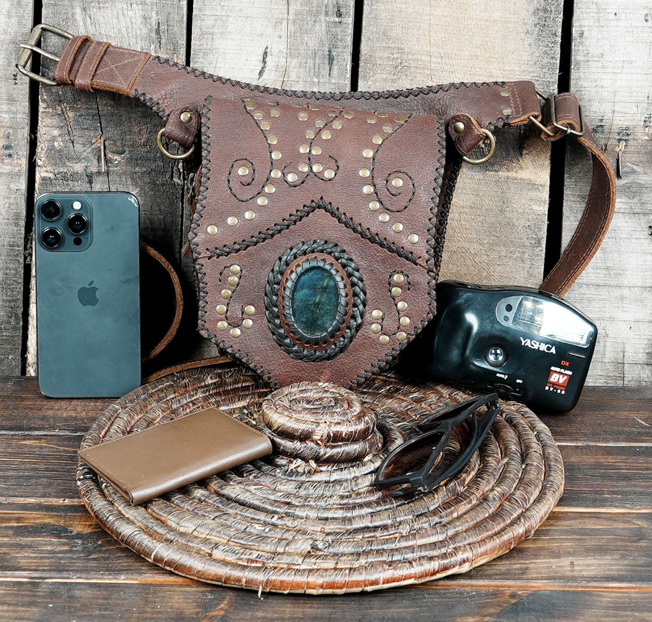 Artisan leather belt bag with rustic handcrafted finish