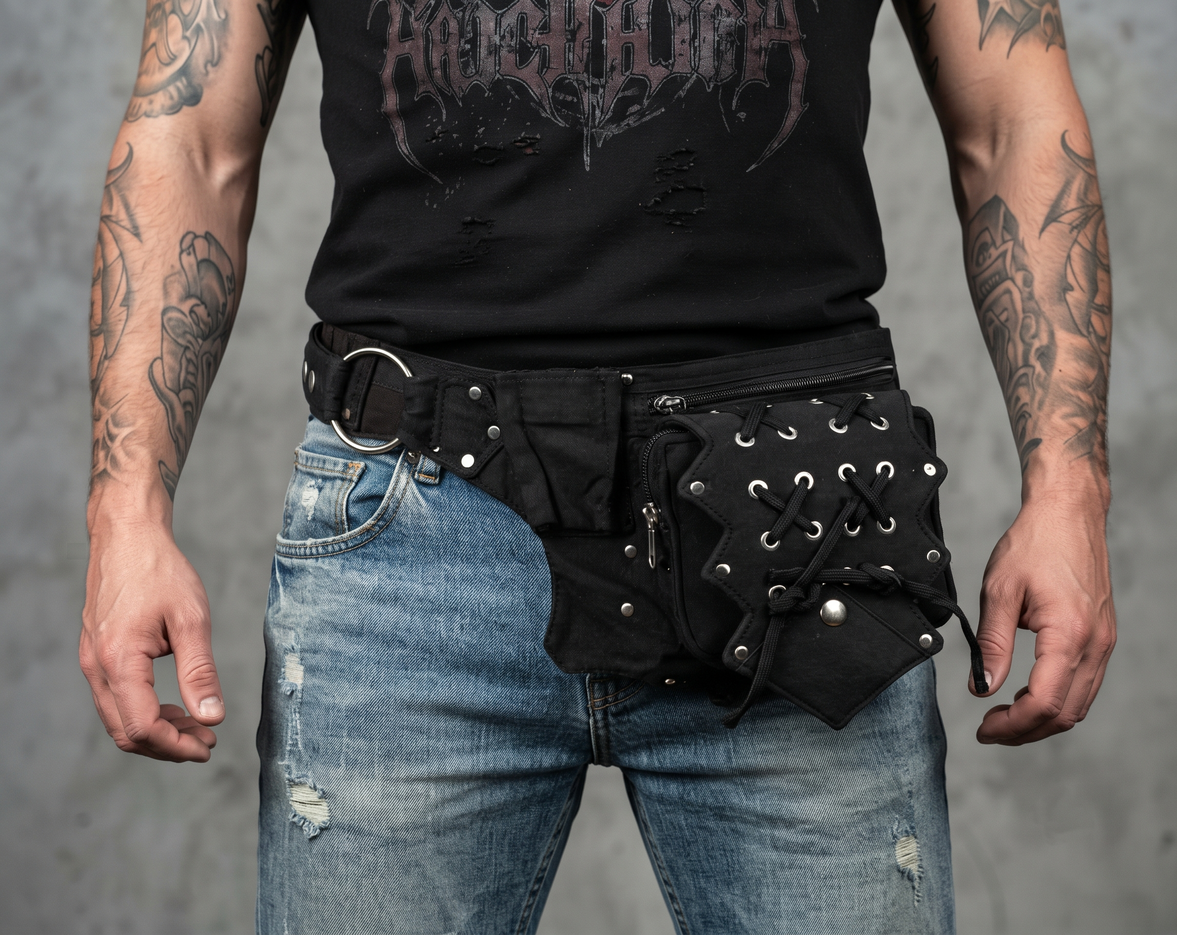 Black Cotton Canvas Utility Belt Bag with Lace-Up Pocket and D-Rings for unisex.