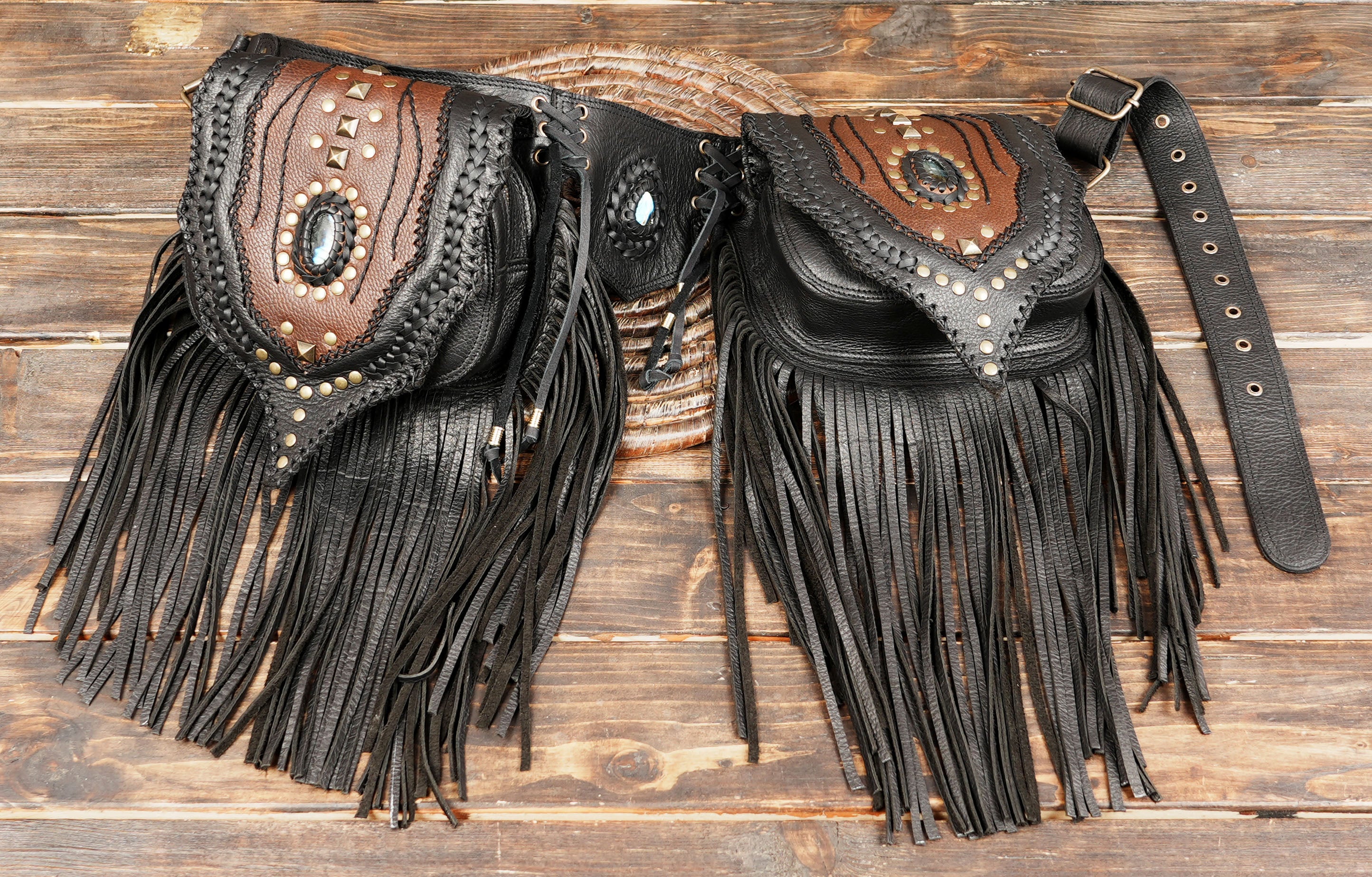 Handmade fringe leather belt with rustic brown leather and decorative studs