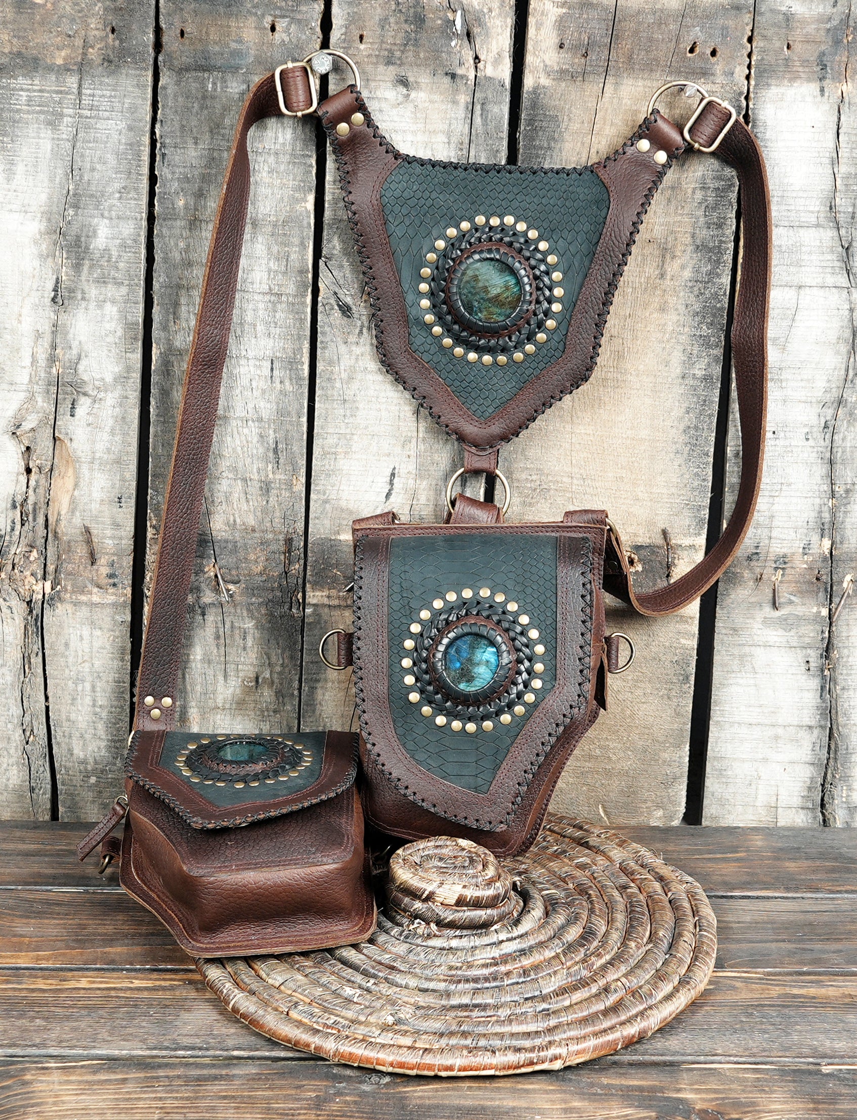Unique leather festival holster with round woven back panel