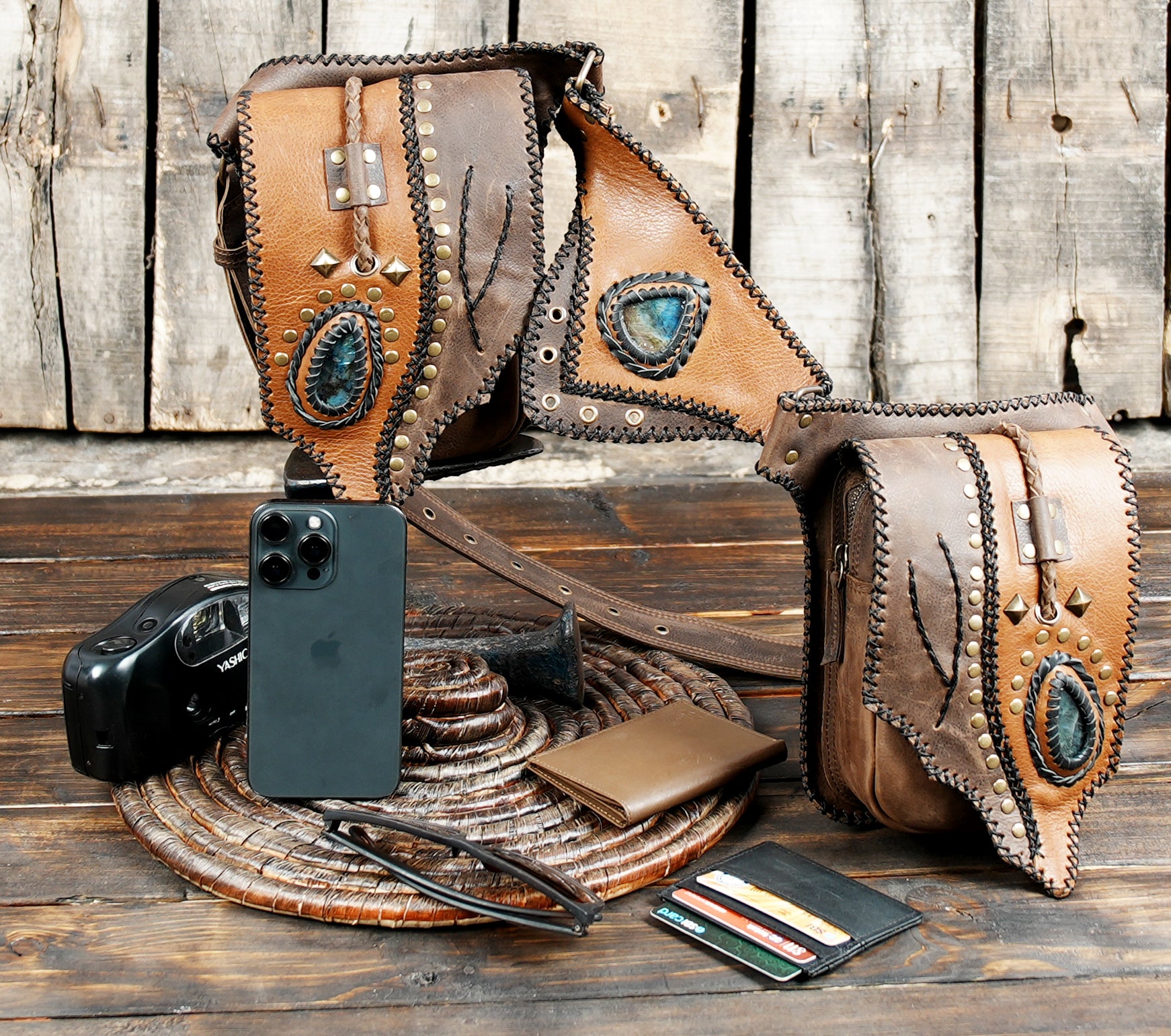 Handmade Leather Waist Belt with Utility Pouches || Boho Leather Waist Belt with Dual Pouches and Stone Detail (LT/AB/WB/6169)