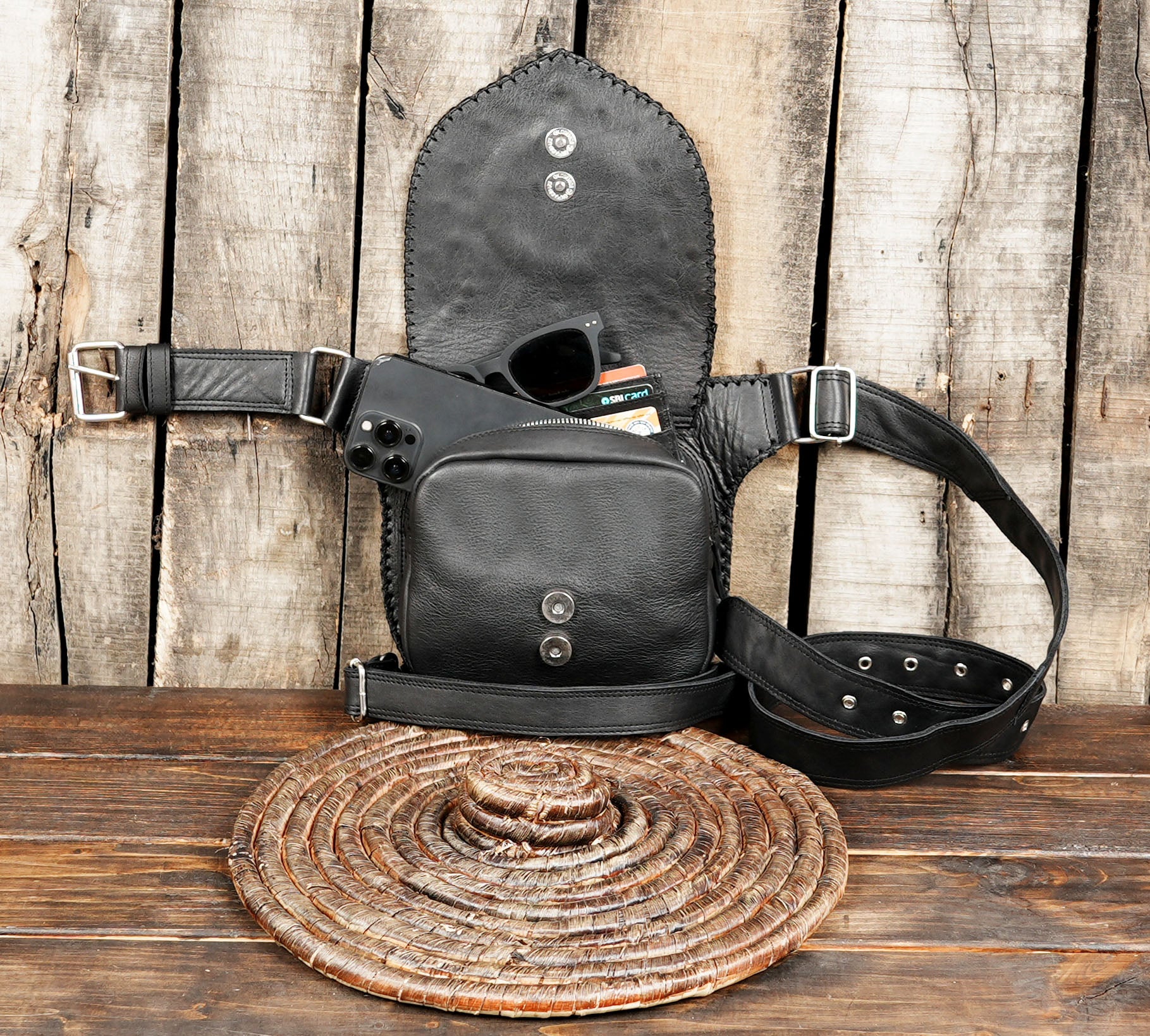 Festival fashion utility belt bag made from premium black leather