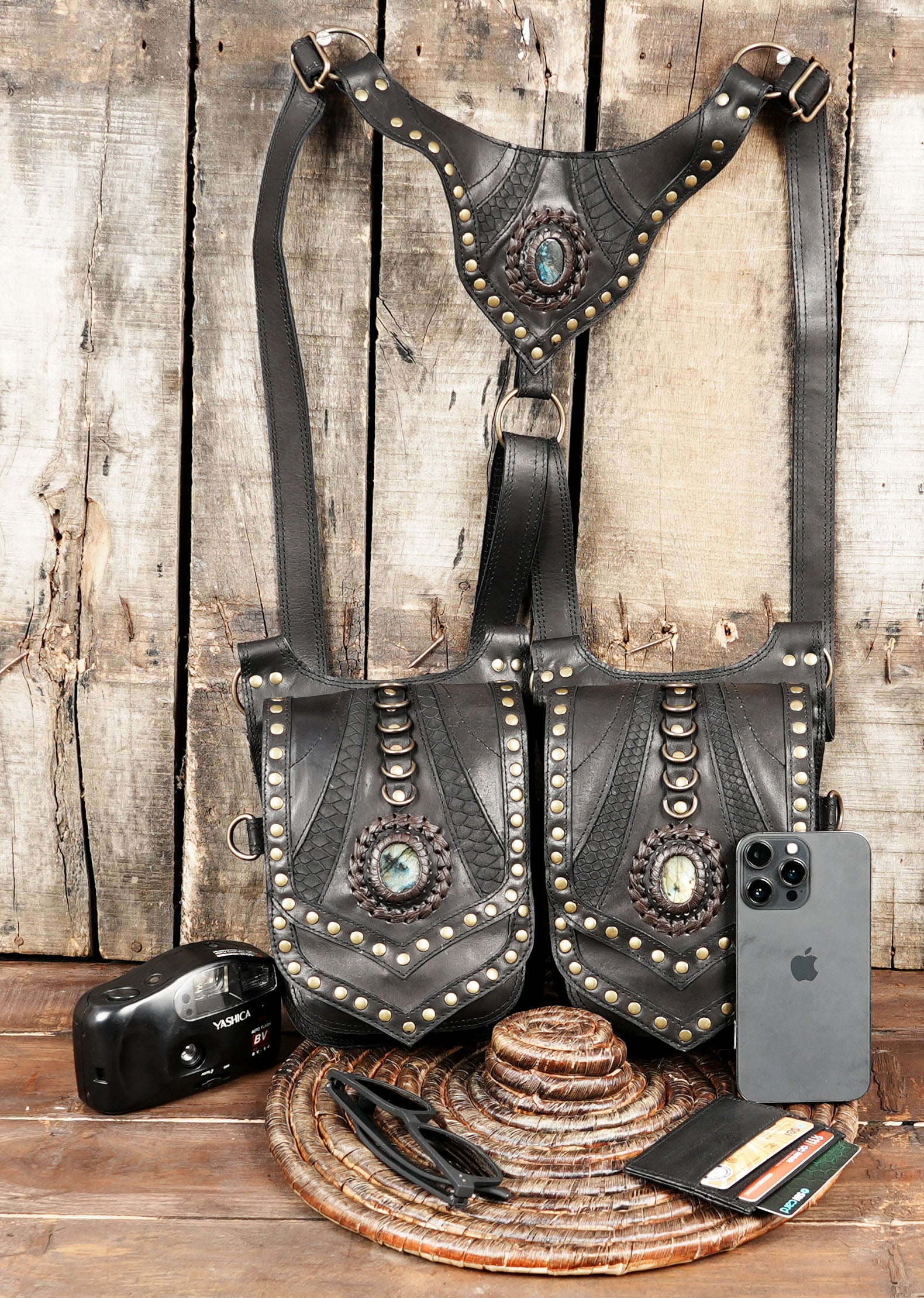 Handcrafted leather crossbody harness with gemstone detail