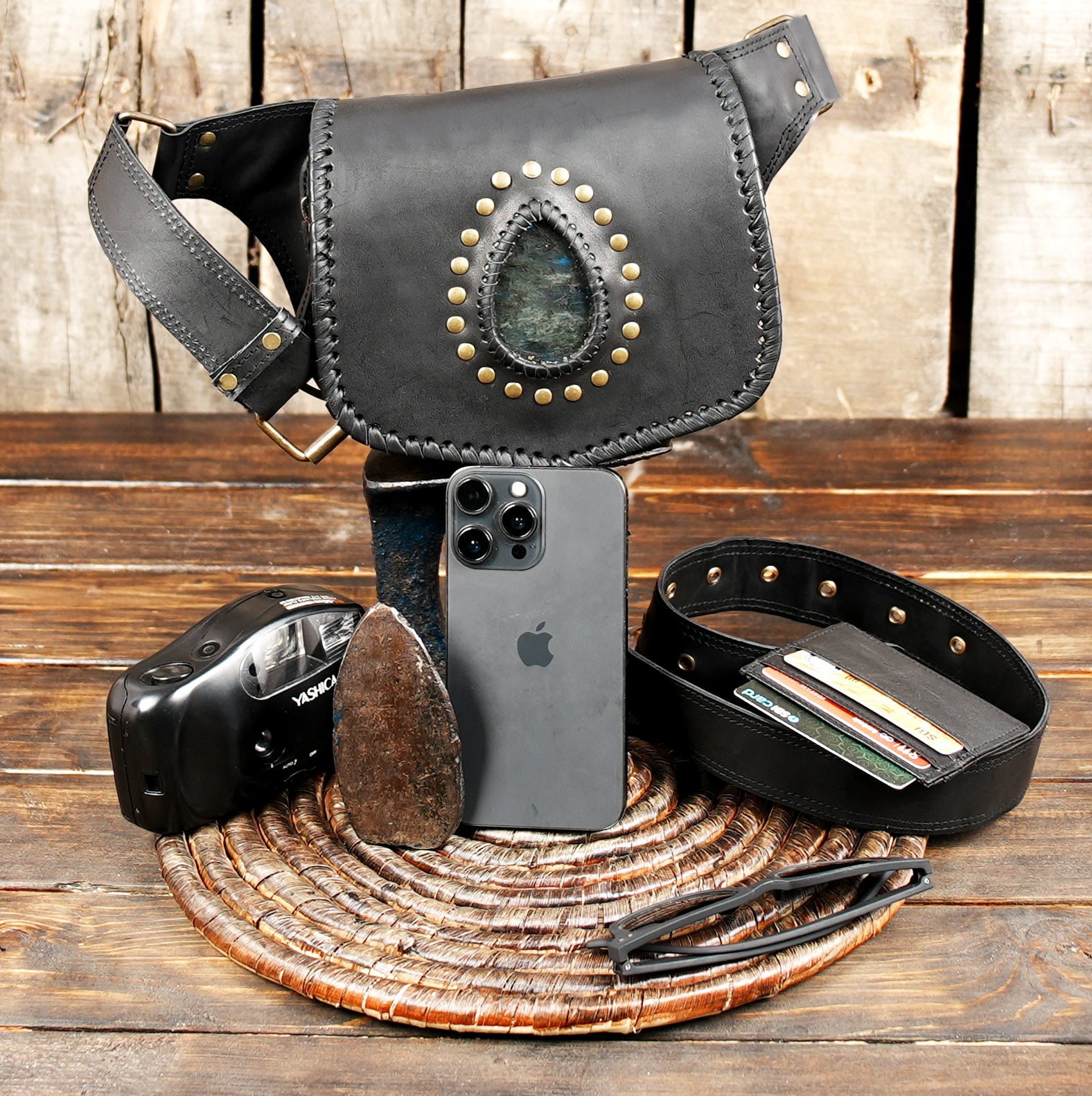 Handmade Black Leather Belt Bag: Gemstone Fanny Pack, Tribal Boho Style with metal lock 