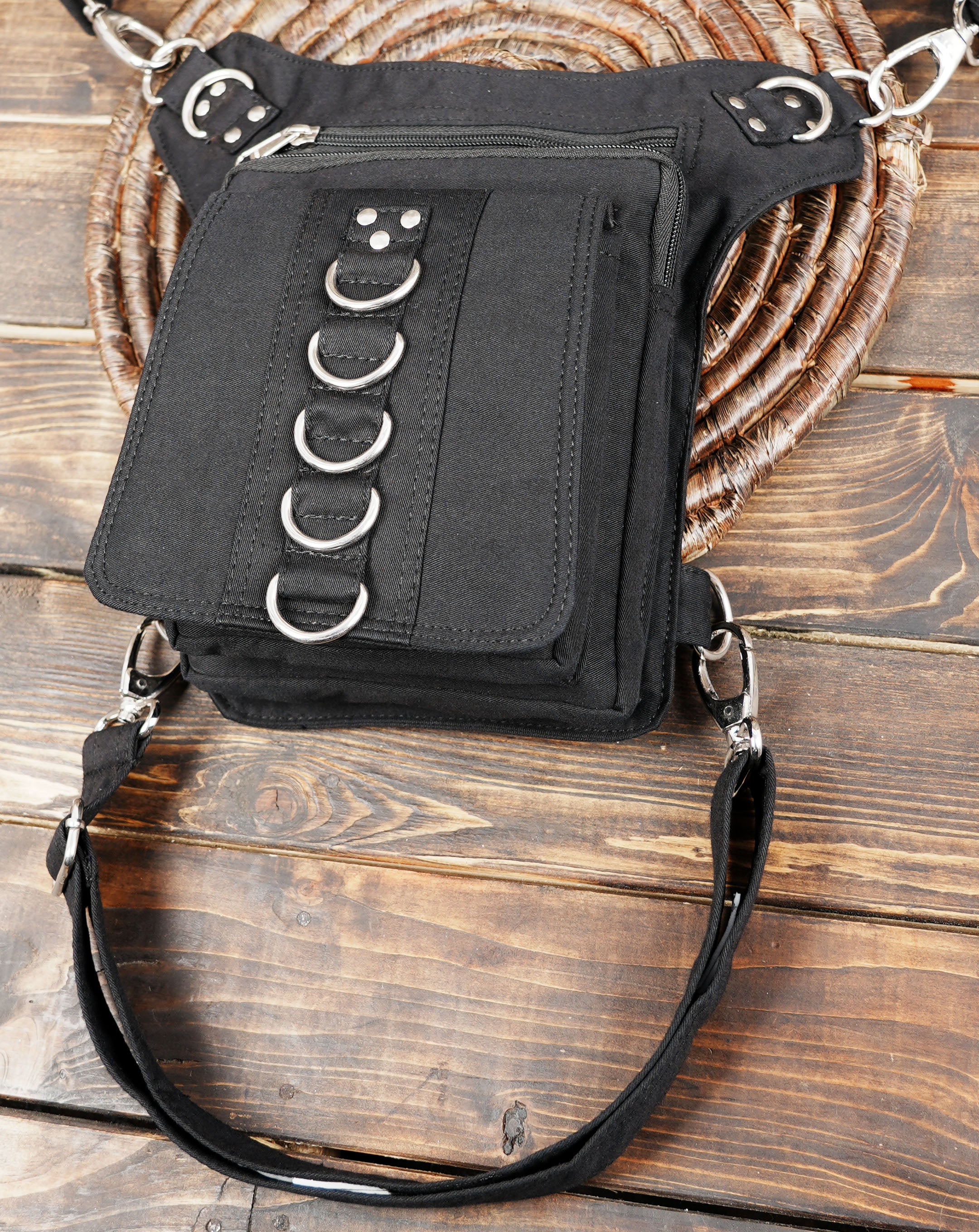 Unisex Black Utility Hip Bag - Adjustable Goth Thigh Pouch and Waist Pack