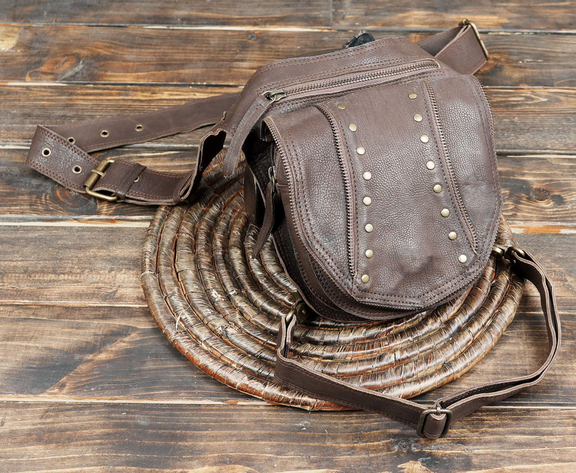 Burning Man style hip pouch leather belt for hands-free use