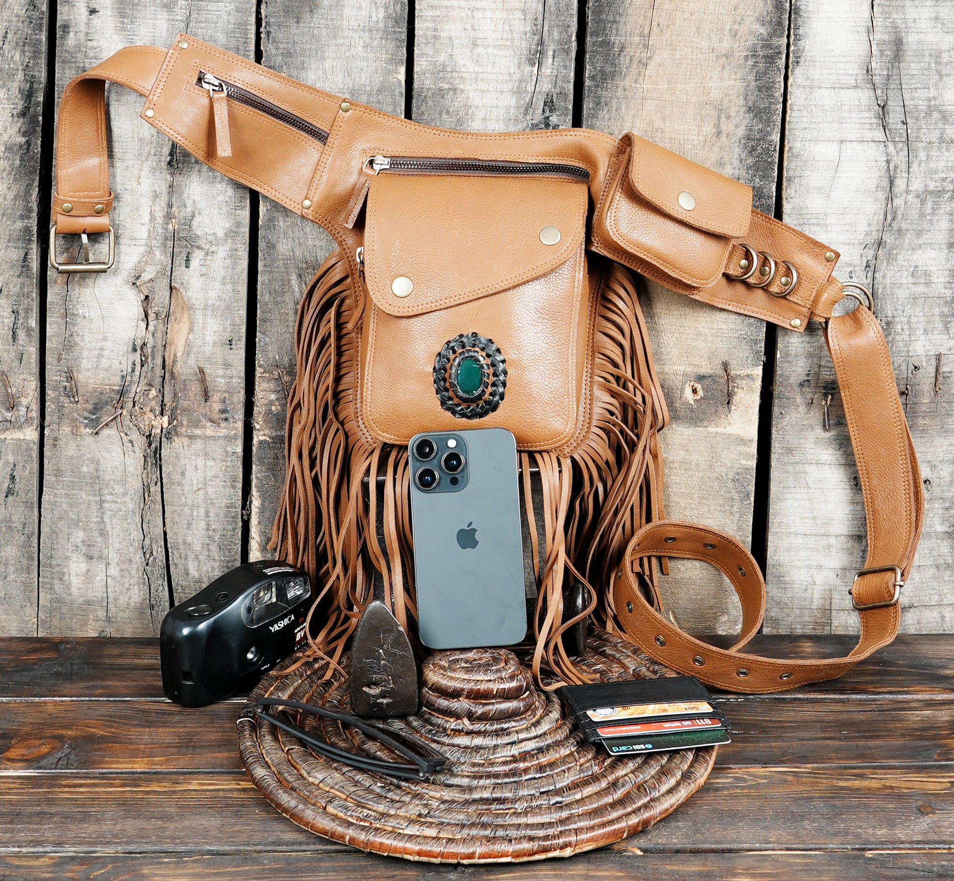 Handcrafted leather waist belt bag with gemstone and snap pockets